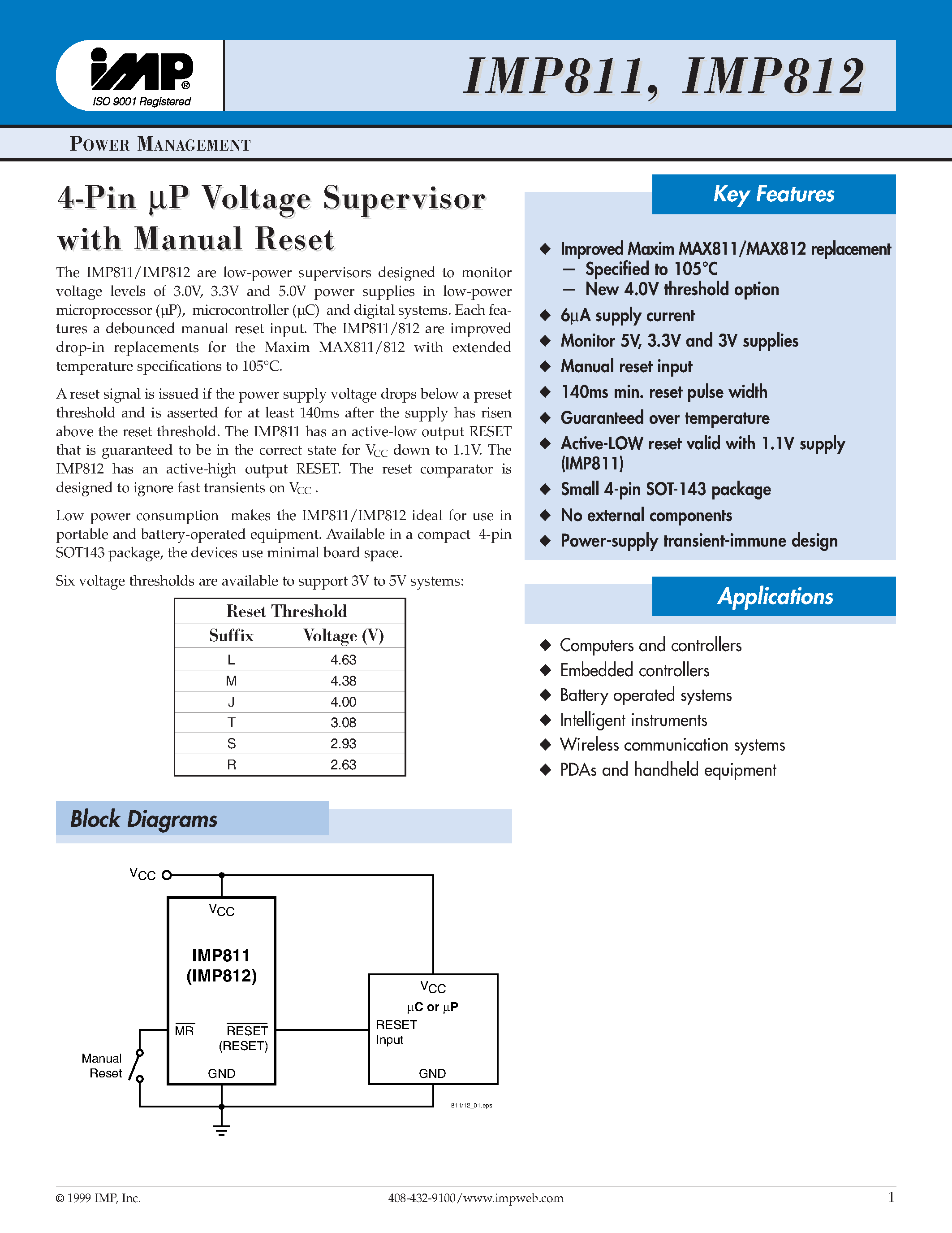 Даташит IMP812 - 4-pin P Voltage Supervisor with Manual Reset страница 1
