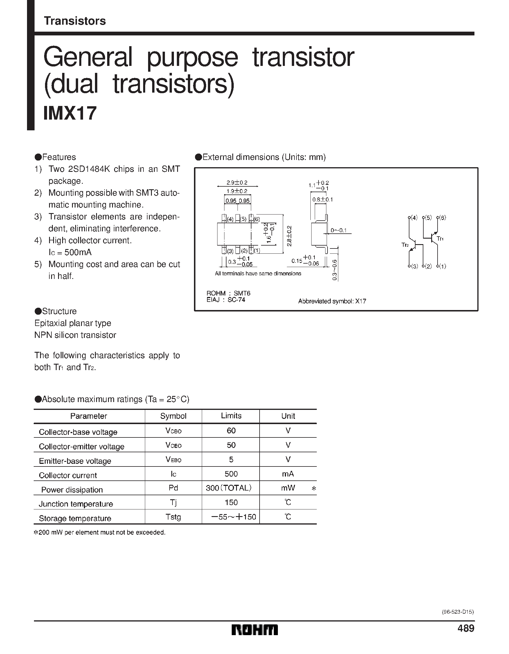 Datasheet IMX17 page 1 Datasheet IMX17 - General purpose transistor (dual transistors) page 1