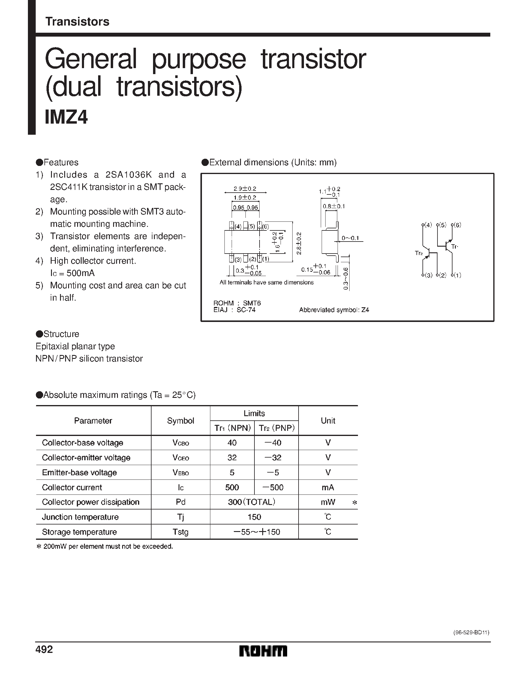 Datasheet IMZ4 page 1 Datasheet IMZ4 - General purpose transistor (dual transistors) page 1