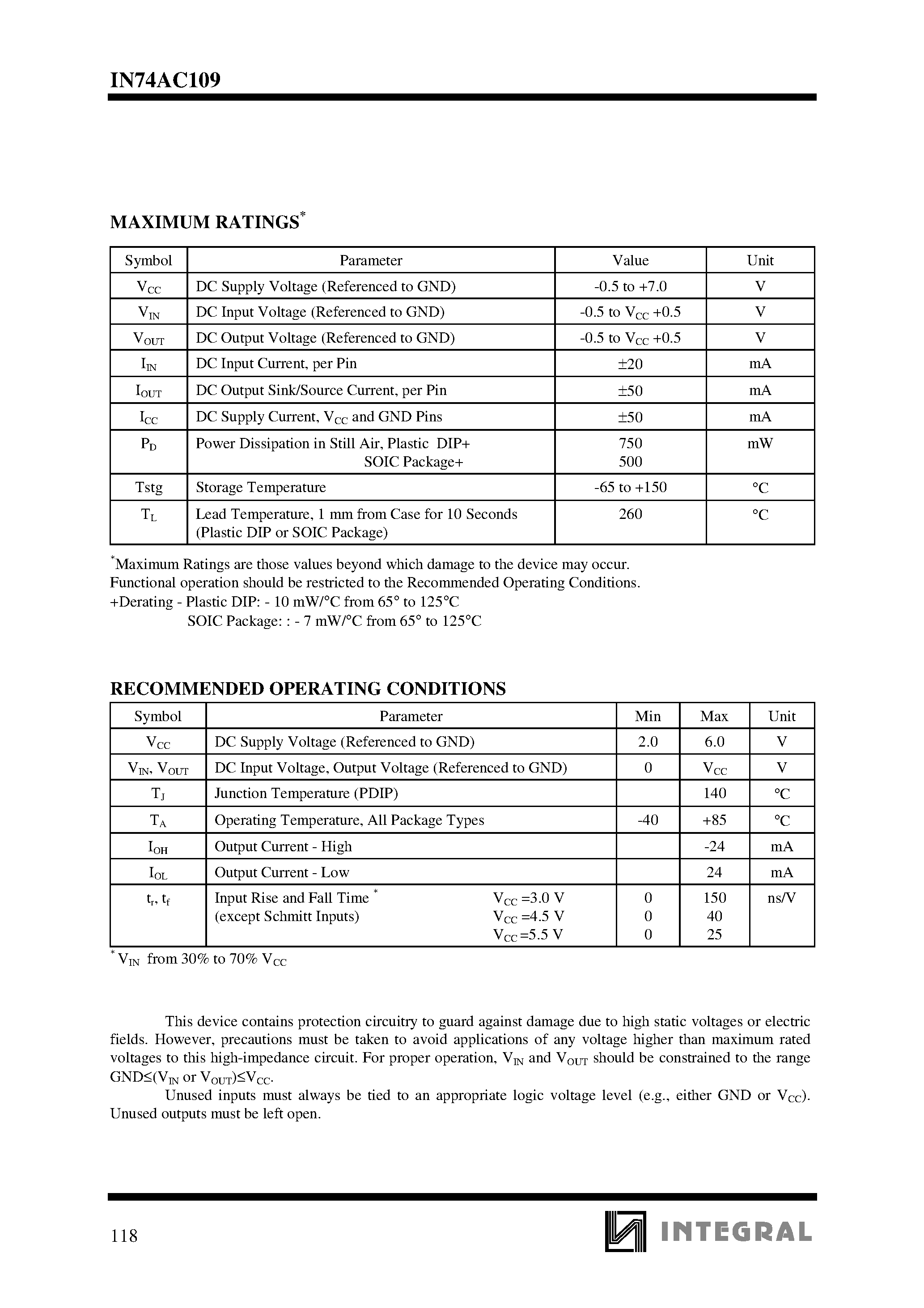 Datasheet IN74AC109 - Dual J-K Flip-Flop with Set and Reset High-Speed Silicon-Gate CMOS page 2