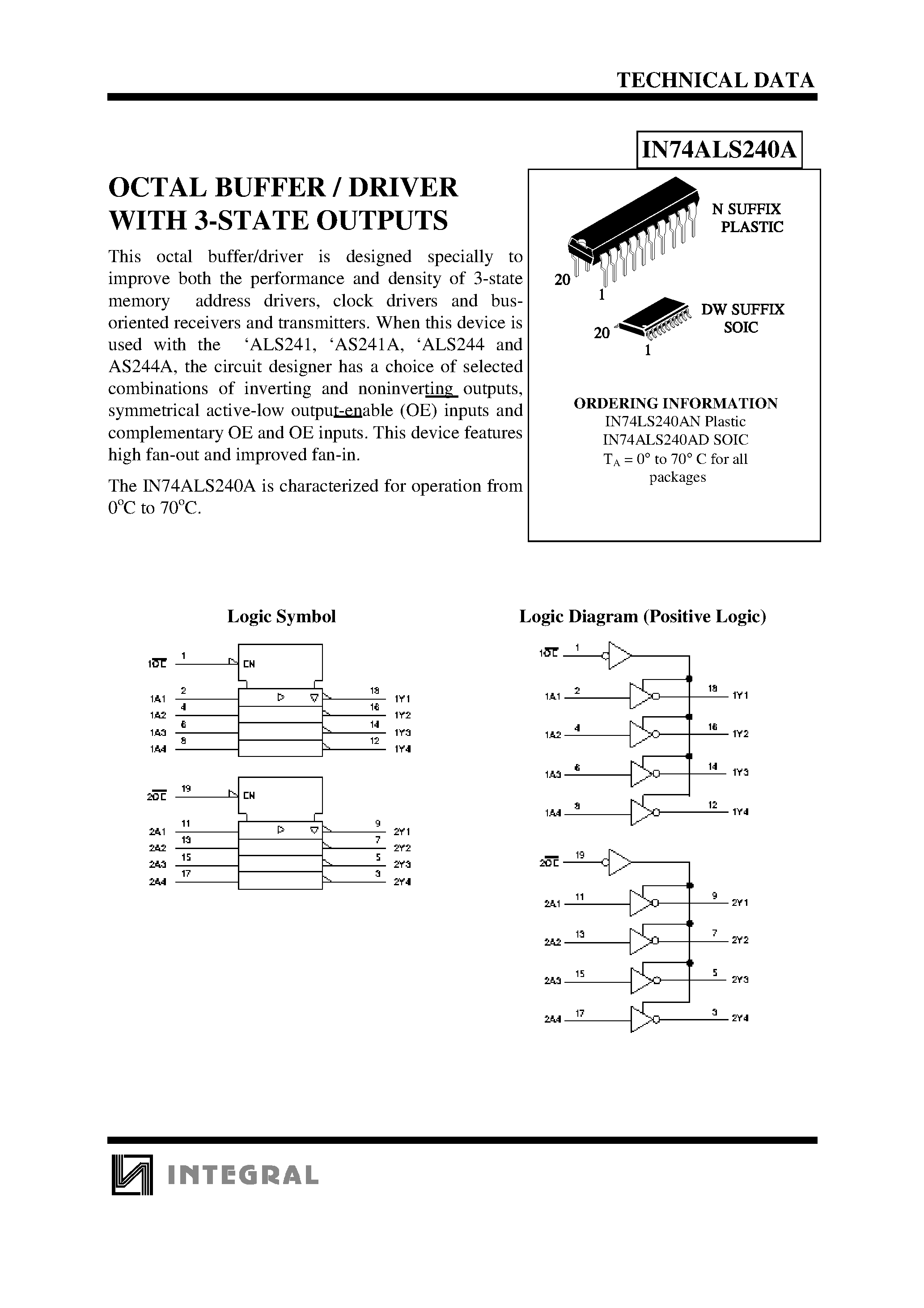 Datasheet IN74LS240AN - OCTAL BUFFER / DRIVER WITH 3-STATE OUTPUTS page 1
