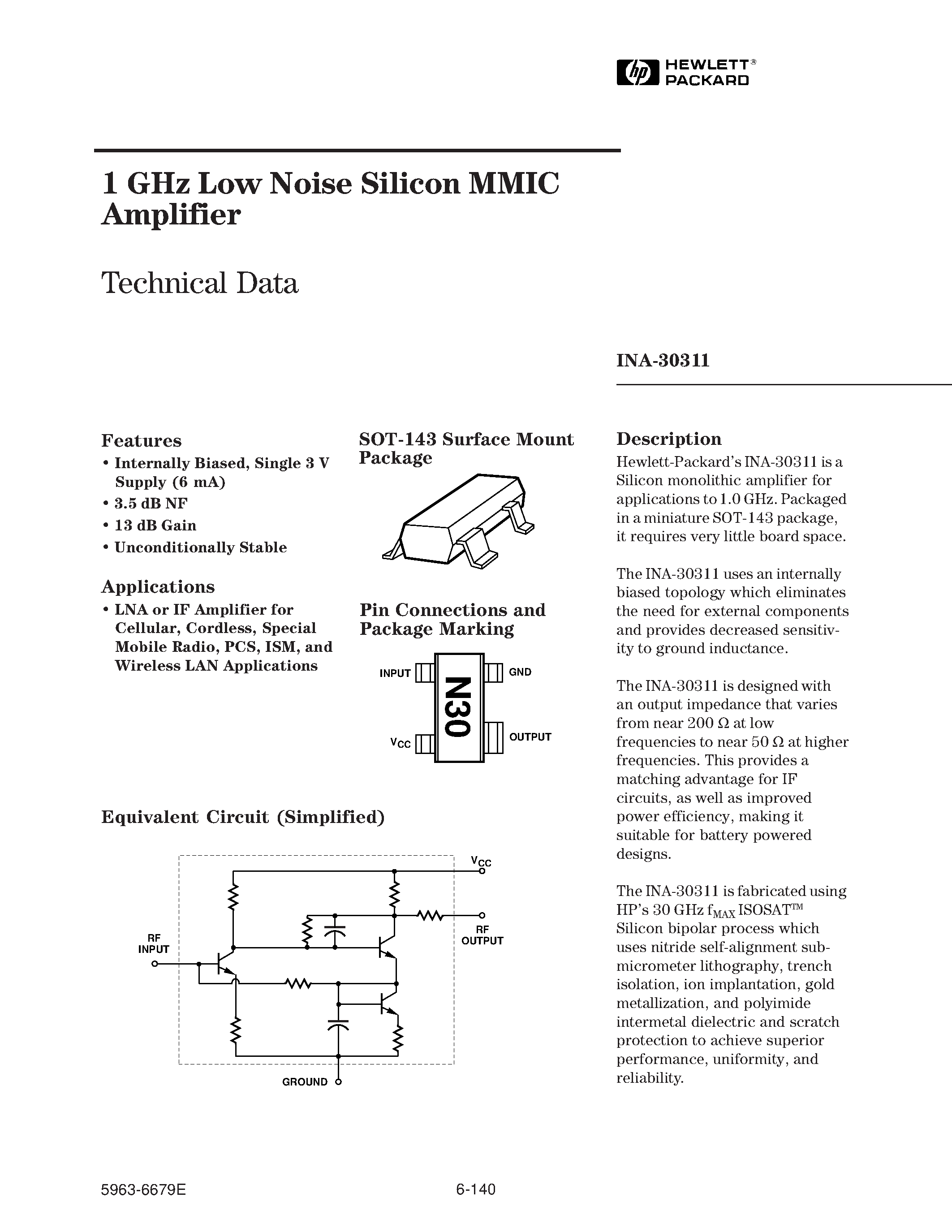 Даташит на микросхему INA-30311 страница 1 Даташит INA-30311 - 1 GHz Low Noise Silicon MMIC Amplifier страница 1