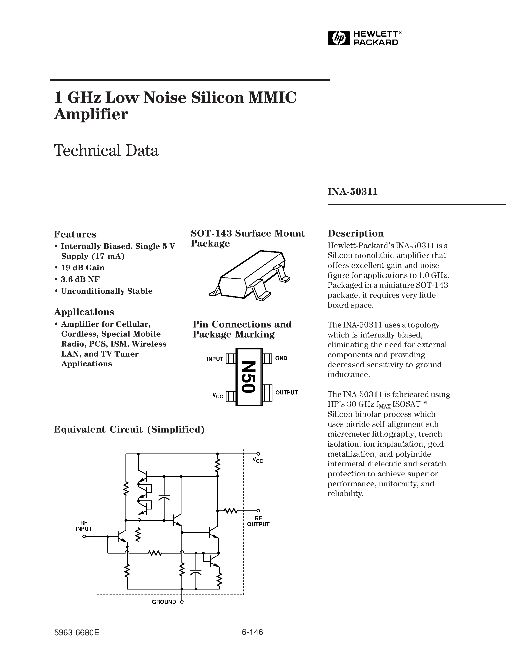 Даташит на микросхему INA-50311 страница 1 Даташит INA-50311 - 1 GHz Low Noise Silicon MMIC Amplifier страница 1