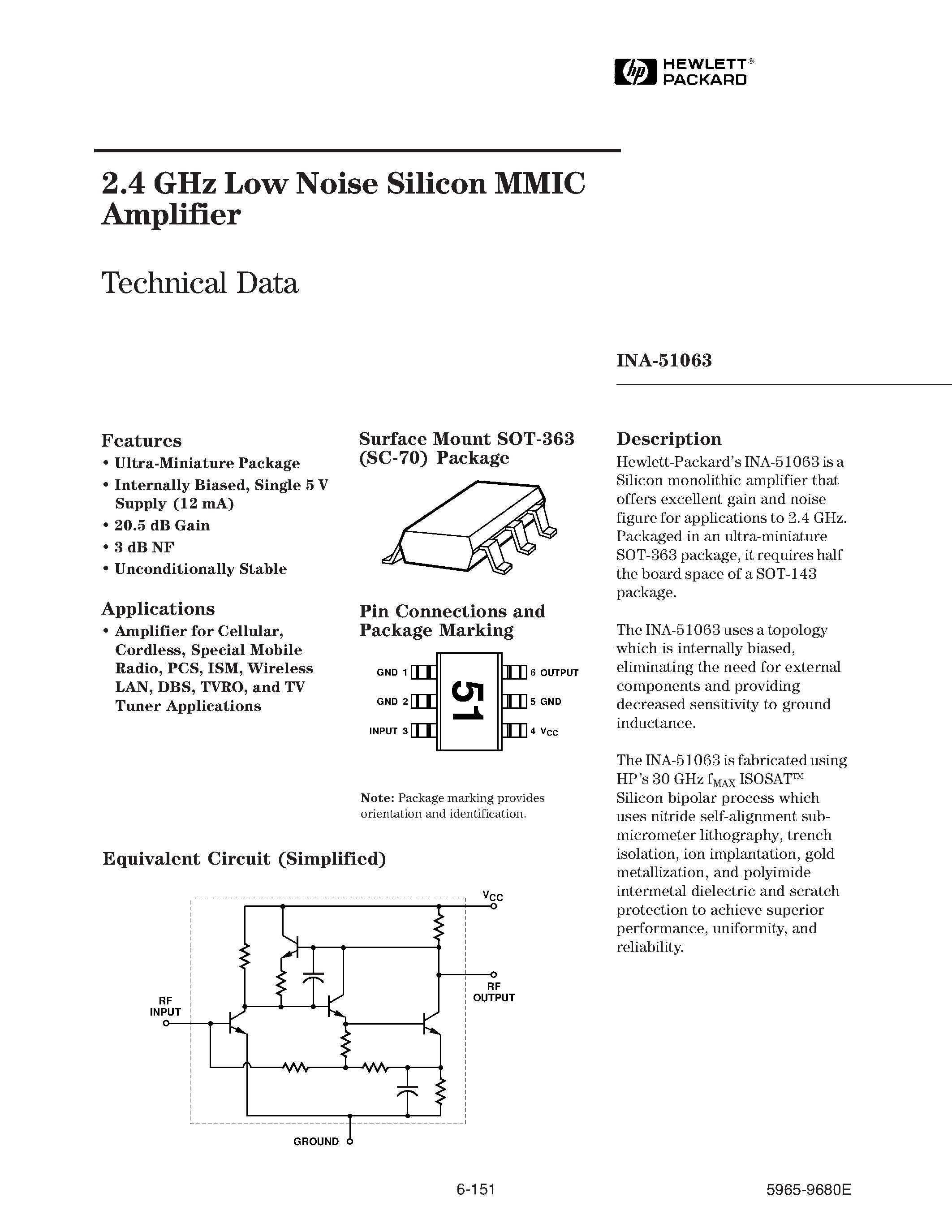 Datasheet INA-51063 - 2.4 GHz Low Noise Silicon MMIC Amplifier page 1