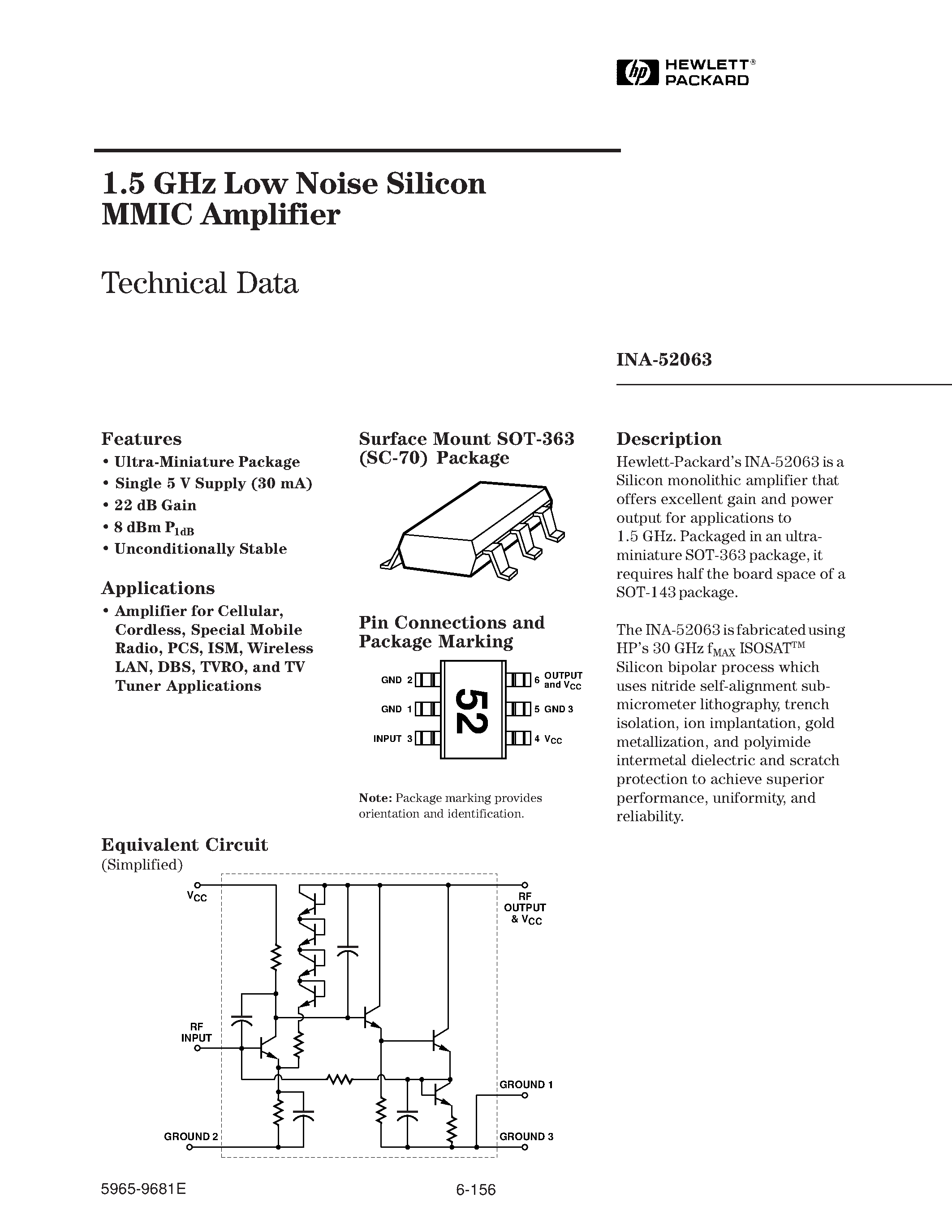 Datasheet INA-52063 page 1 Datasheet INA-52063 - 1.5 GHz Low Noise Silicon MMIC Amplifier page 1