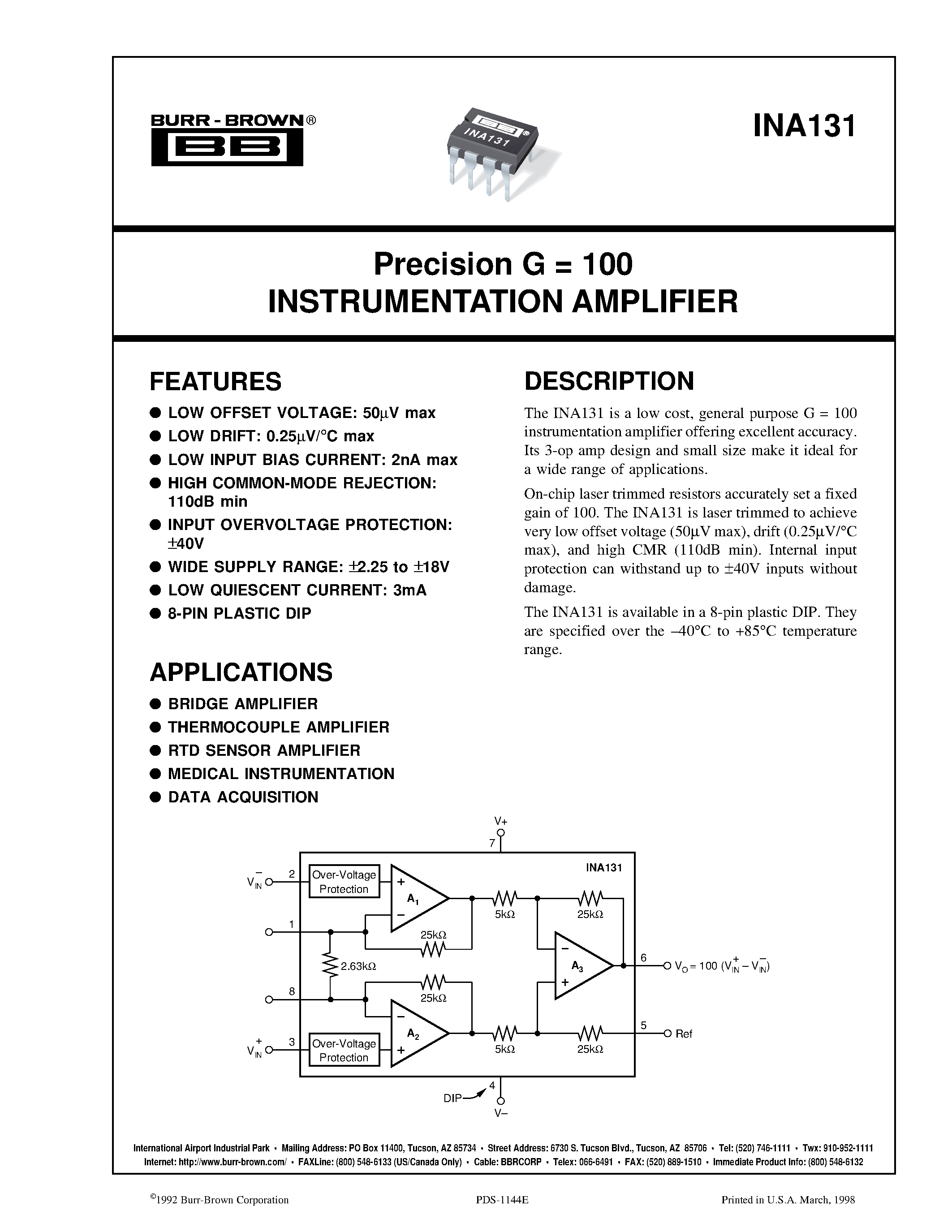 Datasheet INA131BP page 1 Datasheet INA131BP - Precision G = 100 INSTRUMENTATION AMPLIFIER page 1