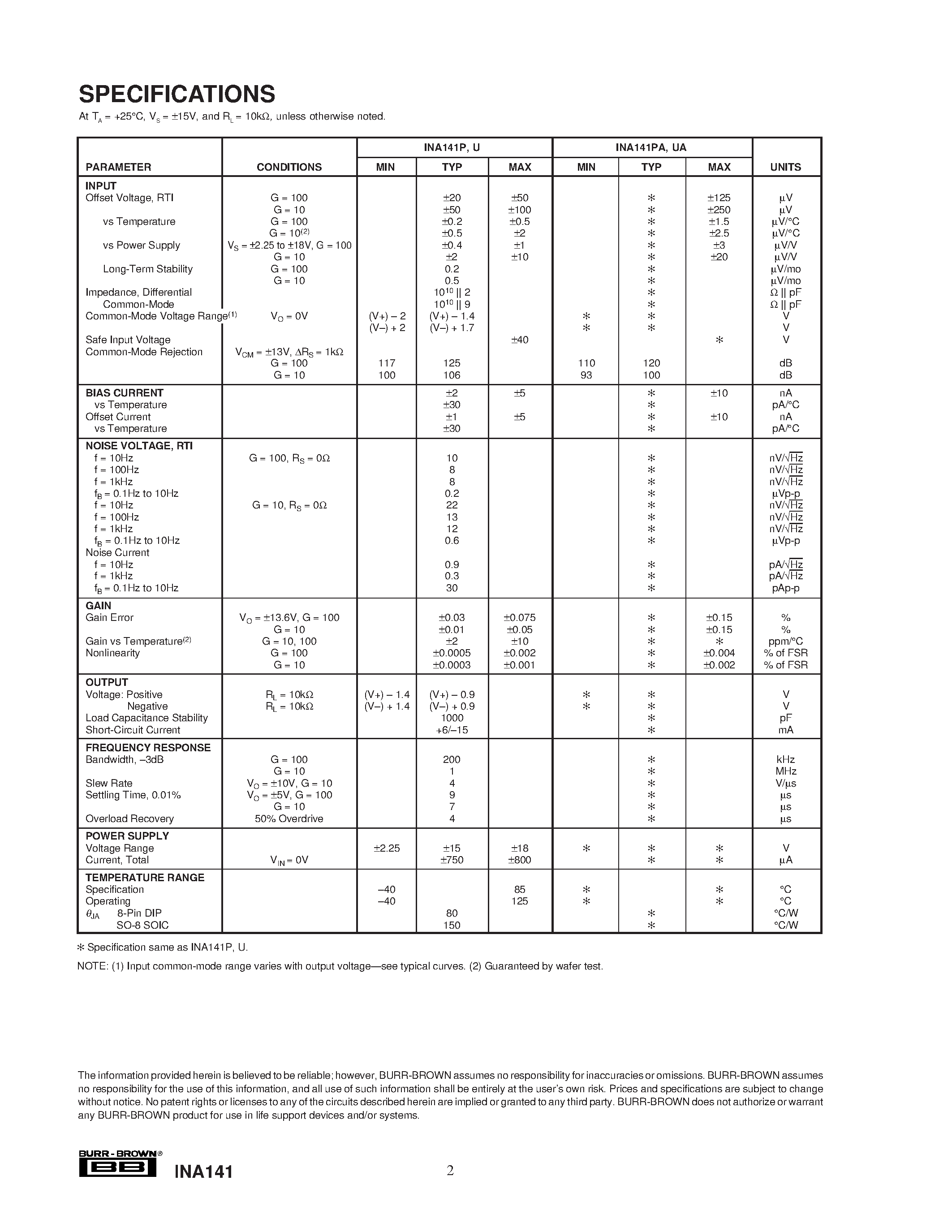 Datasheet INA141UA page 2 Datasheet INA141UA - Precision/ Low Power/ G = 10/ 100 INSTRUMENTATION AMPLIFIER page 2