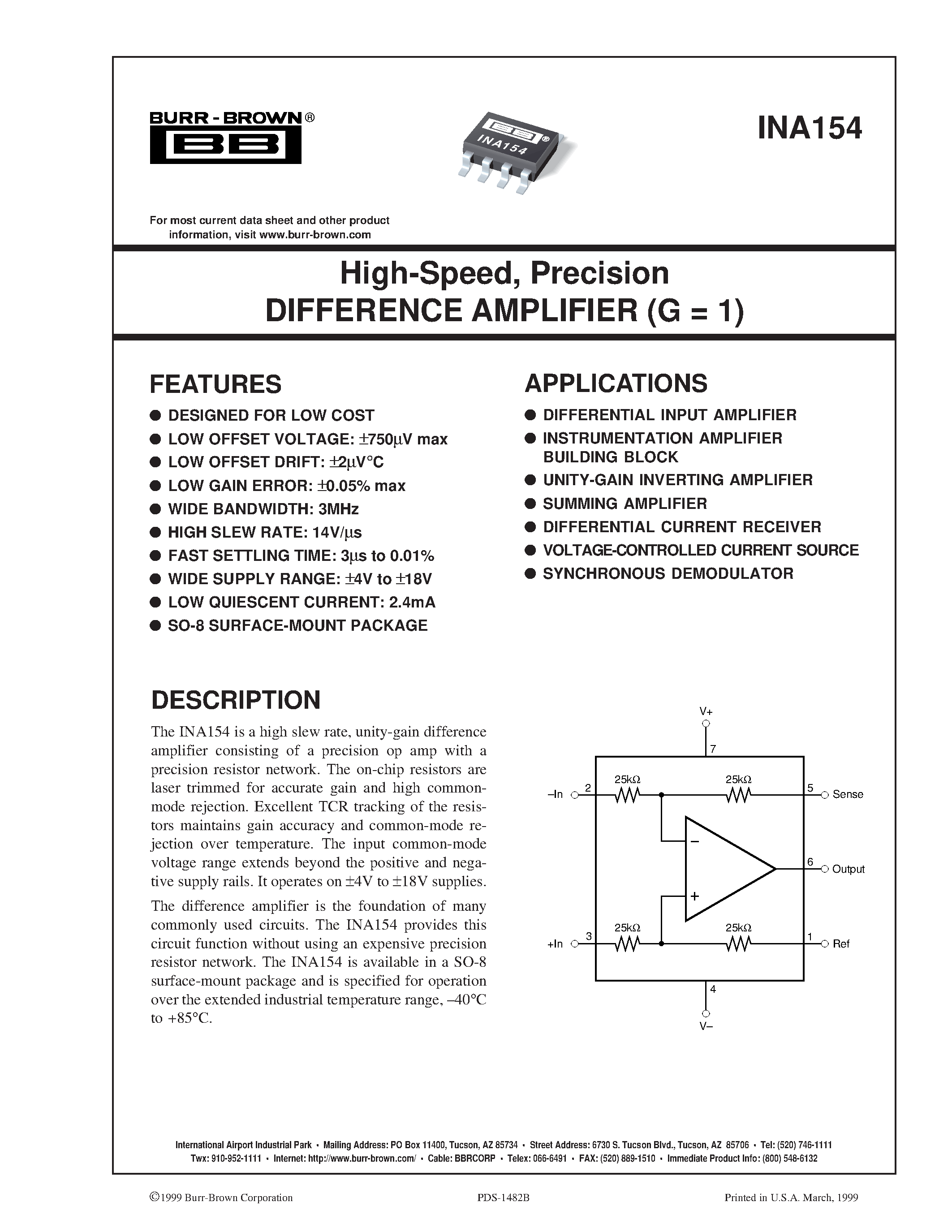 Datasheet INA154 page 1 Datasheet INA154 - High-Speed/ Precision DIFFERENCE AMPLIFIER G = 1 page 1