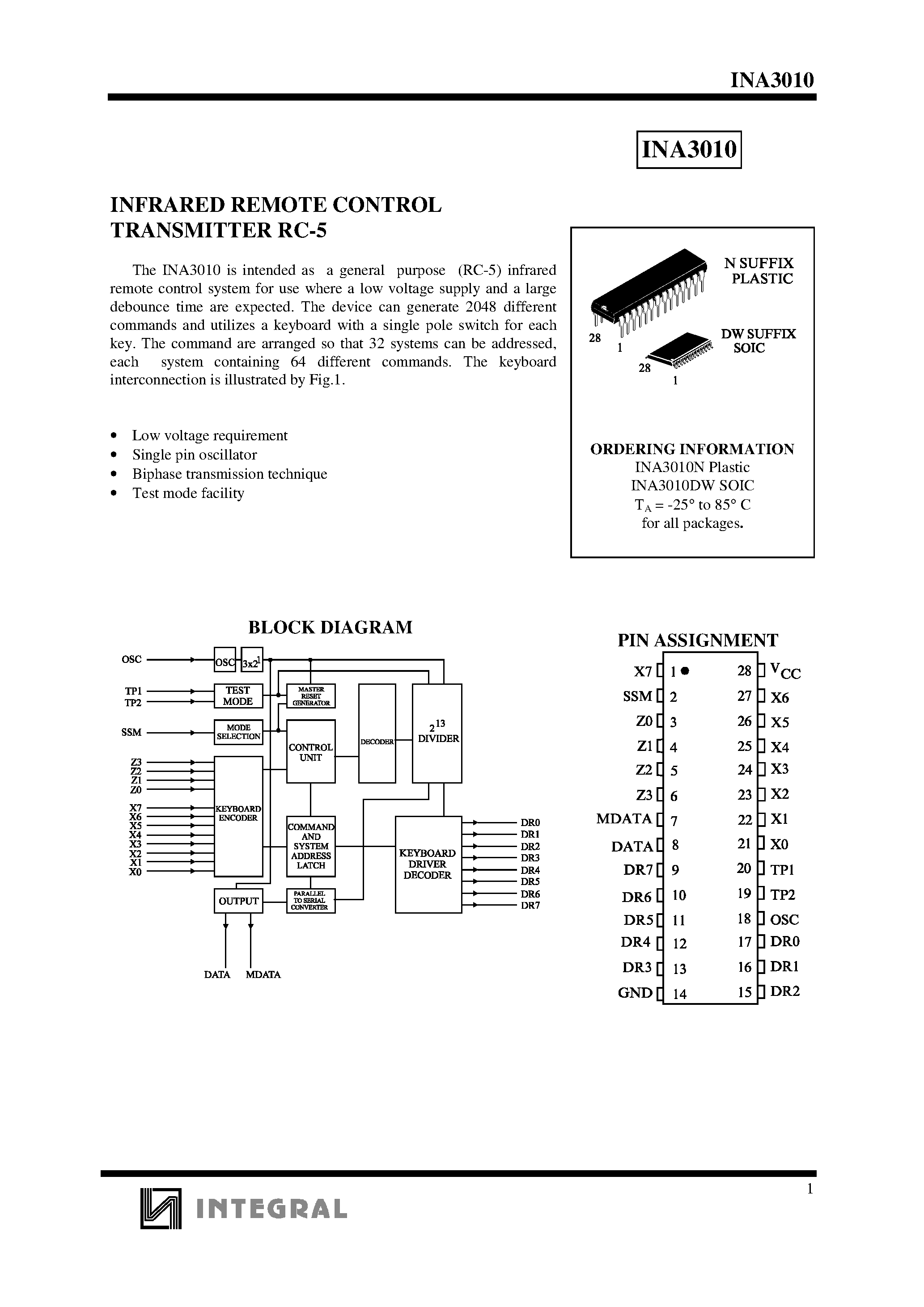 Даташит на микросхему INA3010DW страница 1 Даташит INA3010DW - INFRARED REMOTE CONTROL TRANSMITTER RC-5 страница 1