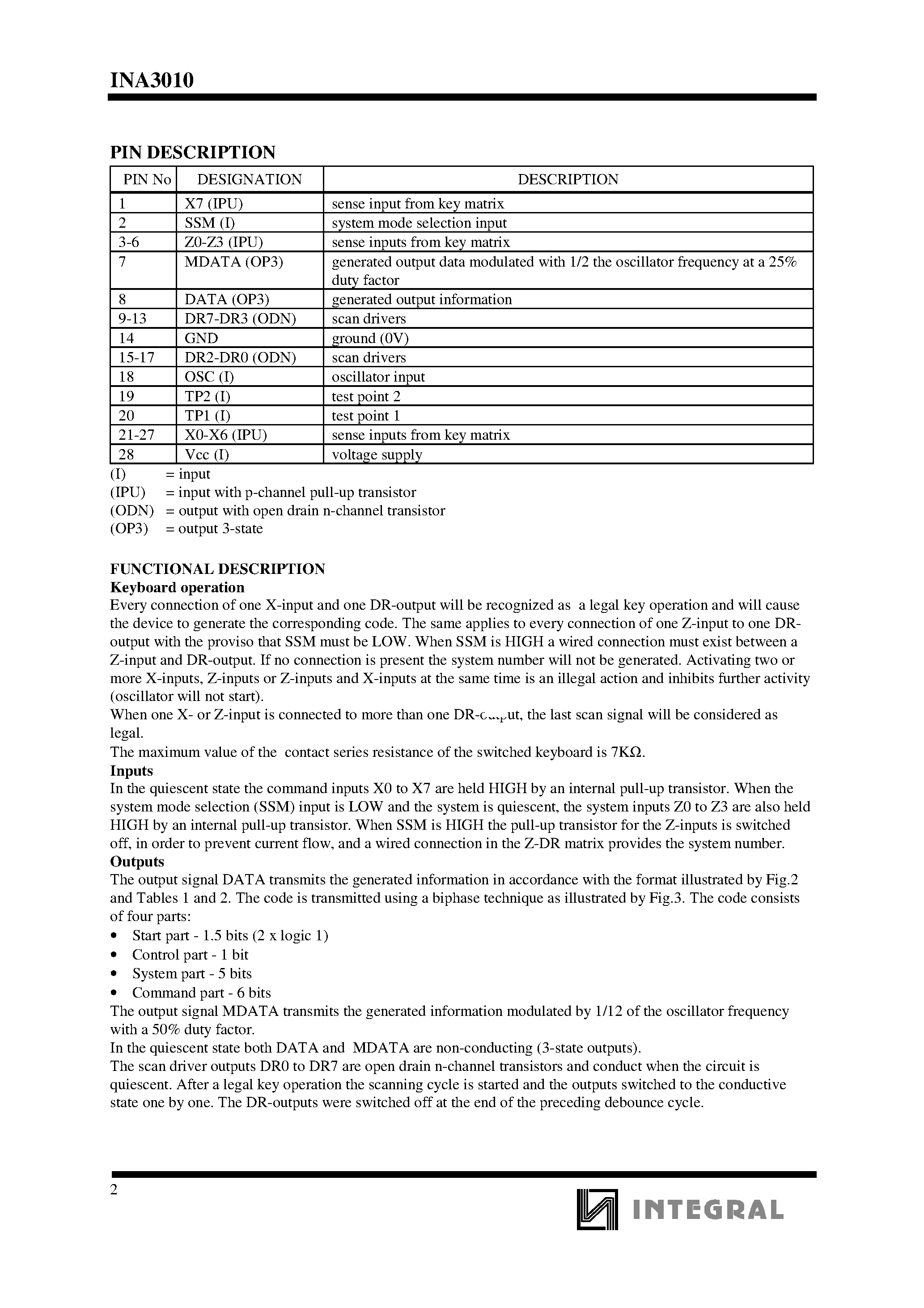 Datasheet INA3010N page 2 Datasheet INA3010N - INFRARED REMOTE CONTROL TRANSMITTER RC-5 page 2