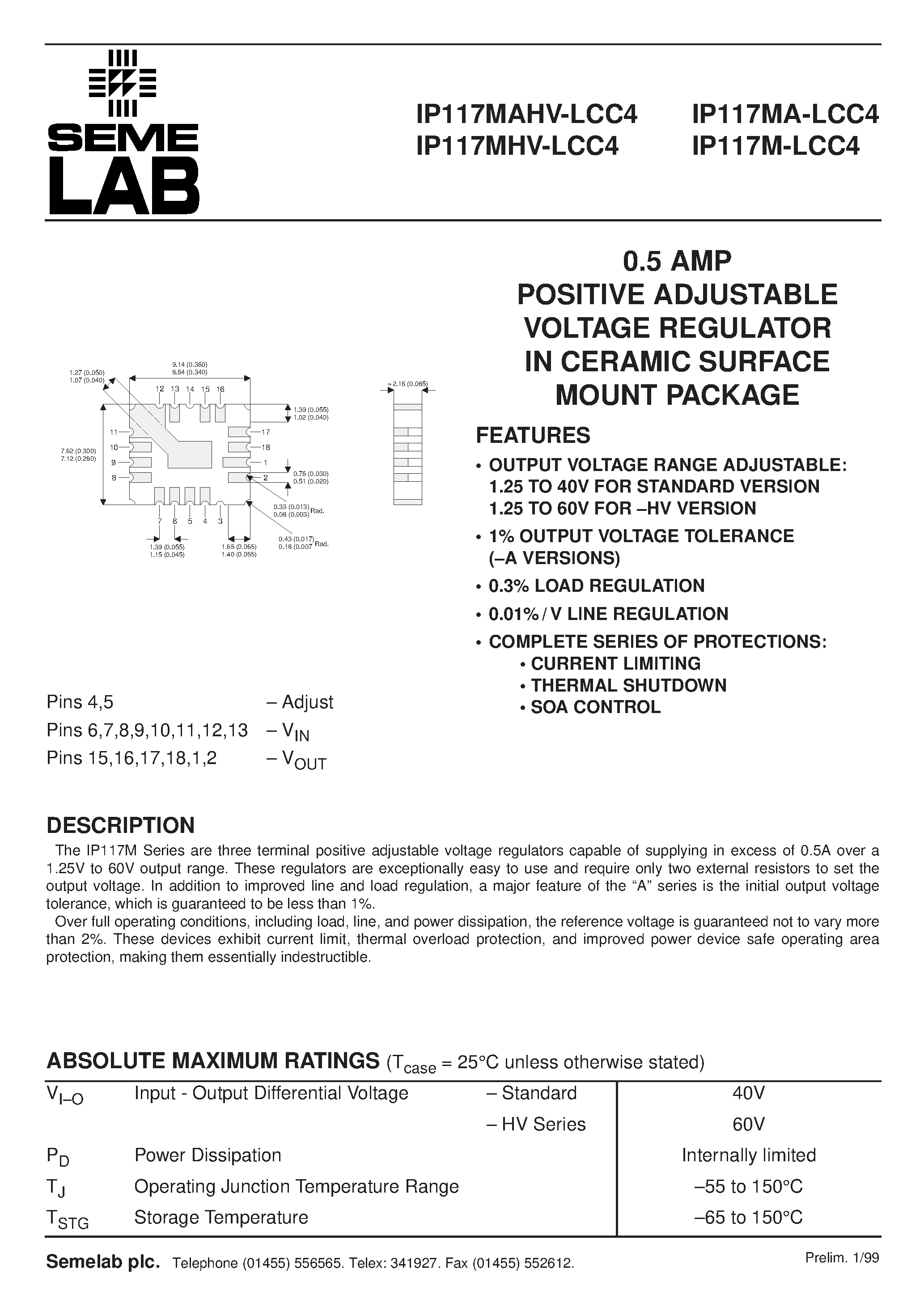 Datasheet IP117MAHV-LCC4 - 0.5 AMP POSITIVE ADJUSTABLE VOLTAGE REGULATOR IN CERAMIC SURFACE MOUNT PACKAGE page 1