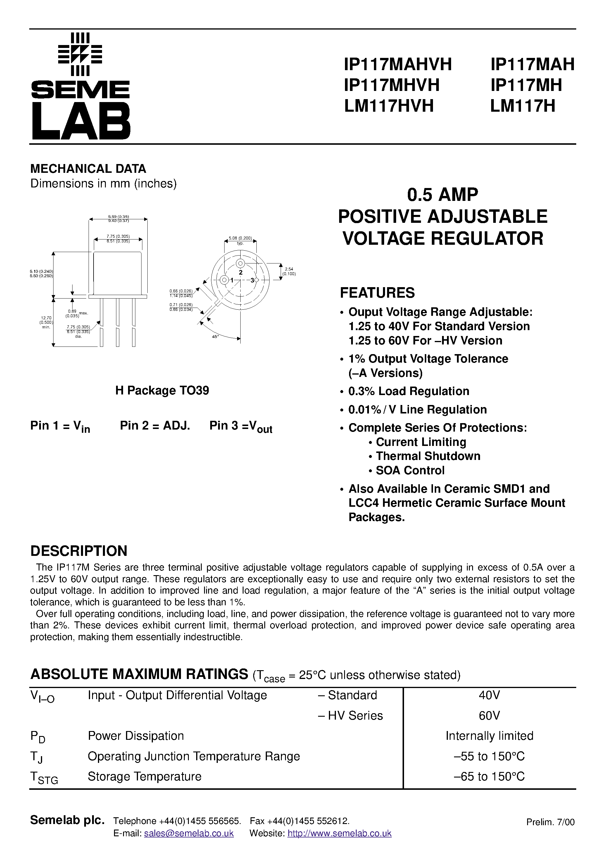 Datasheet IP117MH page 1 Datasheet IP117MH - 0.5 AMP POSITIVE ADJUSTABLE VOLTAGE REGULATOR page 1