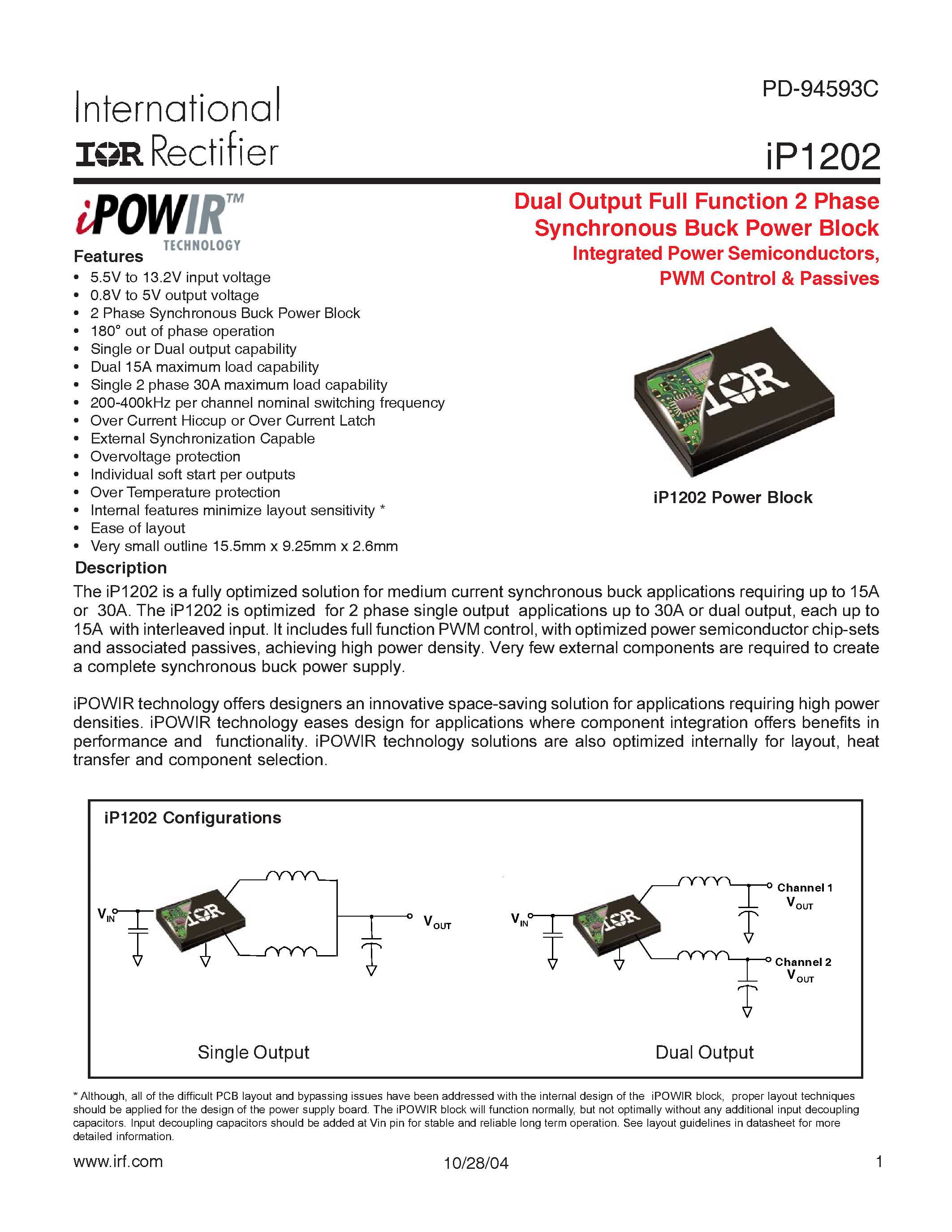 Datasheet IP1202 - Dual Output Full Function 2 Phase Synchronous Buck Power Block Integrated Power Semiconductors/ PWM Control & Passives page 1