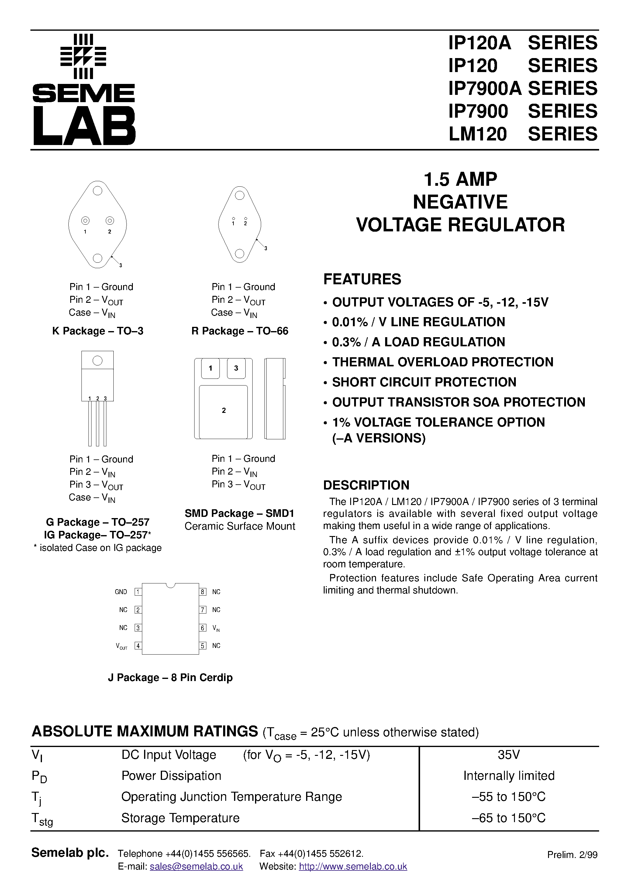 Datasheet IP120A page 1 Datasheet IP120A - 1.5 AMP NEGATIVE VOLTAGE REGULATOR page 1