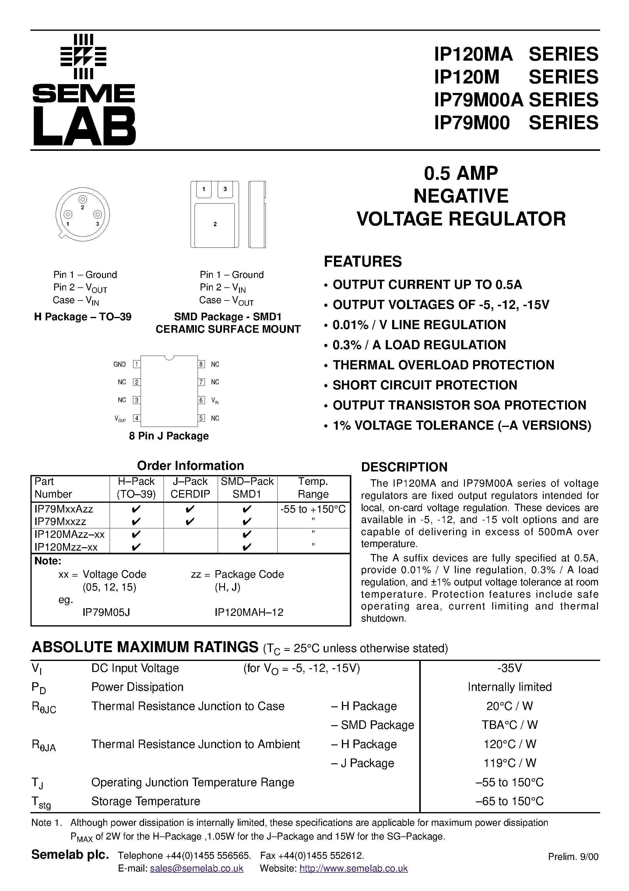 Datasheet IP120MJ-05 - 0.5 AMP NEGATIVE VOLTAGE REGULATOR page 1