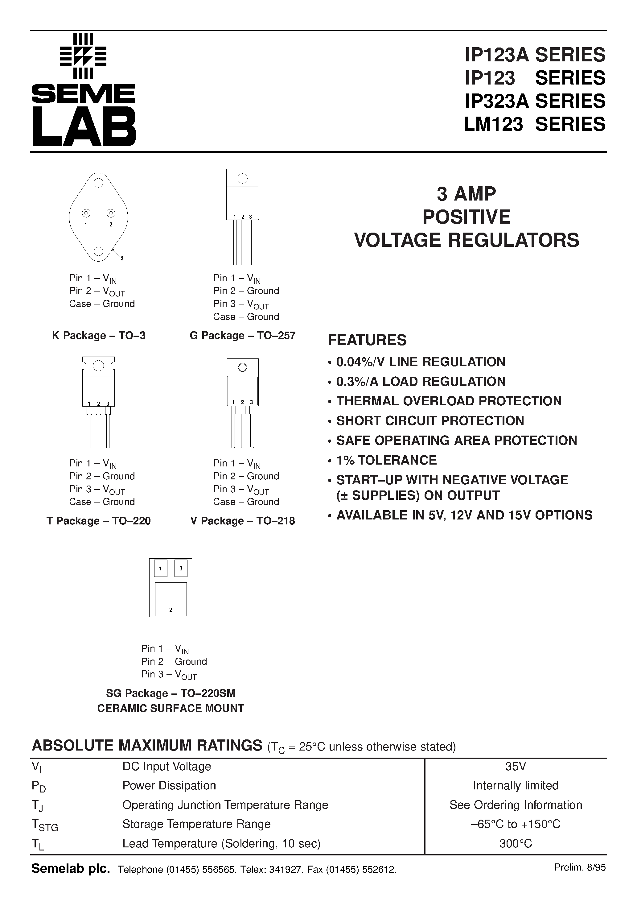 Datasheet IP123V-12 - 3 AMP POSITIVE VOLTAGE REGULATORS page 1