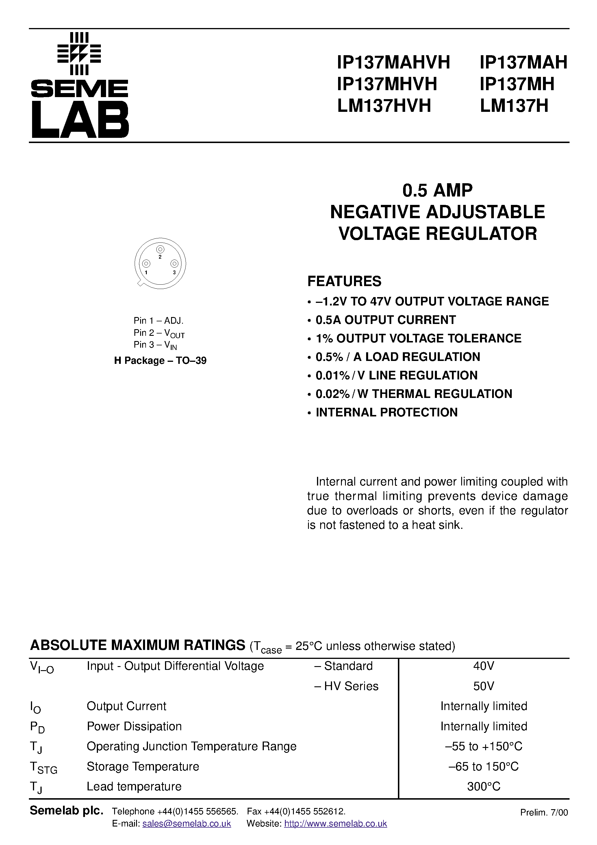 Datasheet IP137MAH - 0.5 AMP NEGATIVE ADJUSTABLE VOLTAGE REGULATOR page 1
