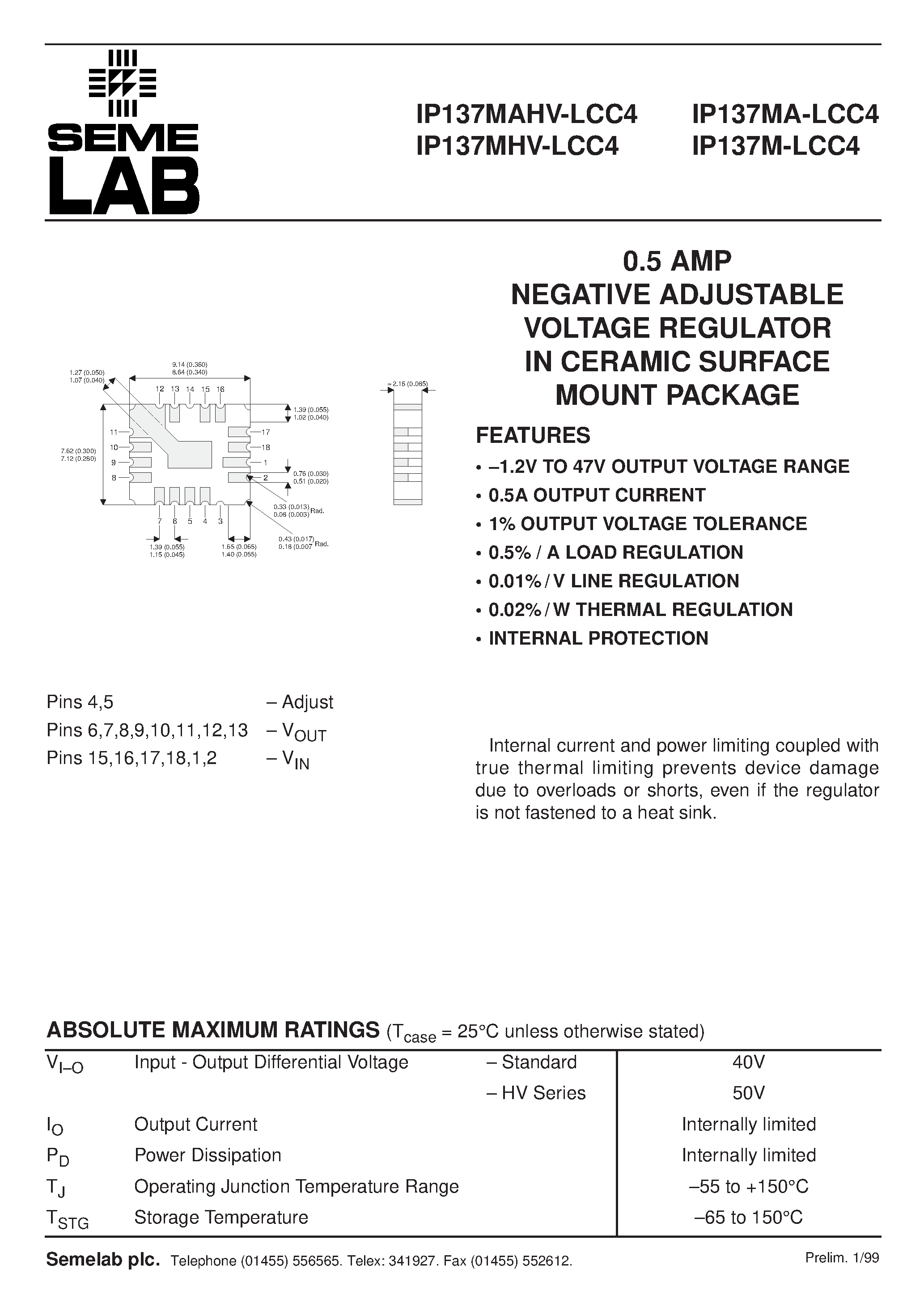 Datasheet IP137MAHV-LCC4 - 0.5 AMP NEGATIVE ADJUSTABLE VOLTAGE REGULATOR IN CERAMIC SURFACE MOUNT PACKAGE page 1