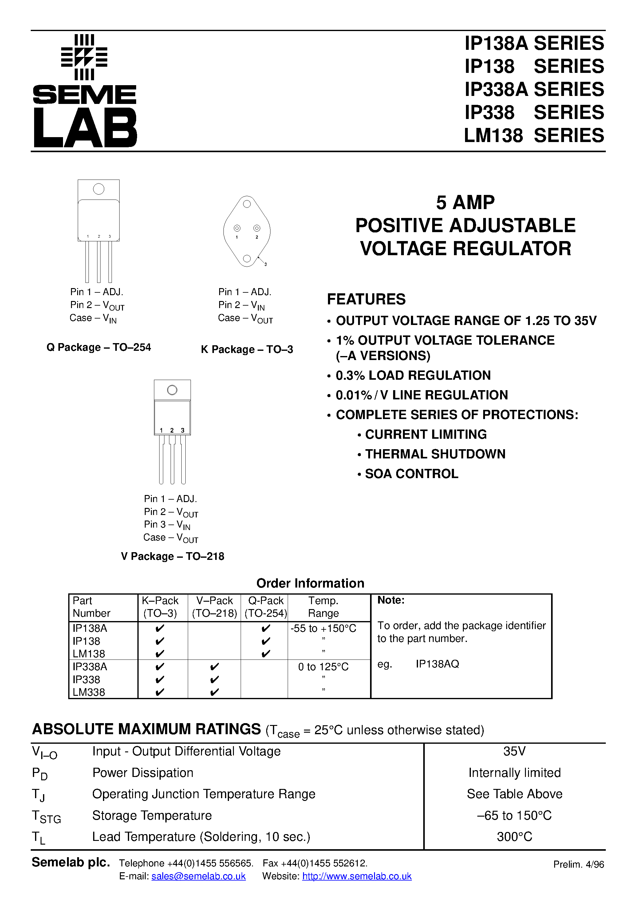 Даташит IP138 - 5 AMP POSITIVE ADJUSTABLE VOLTAGE REGULATOR страница 1