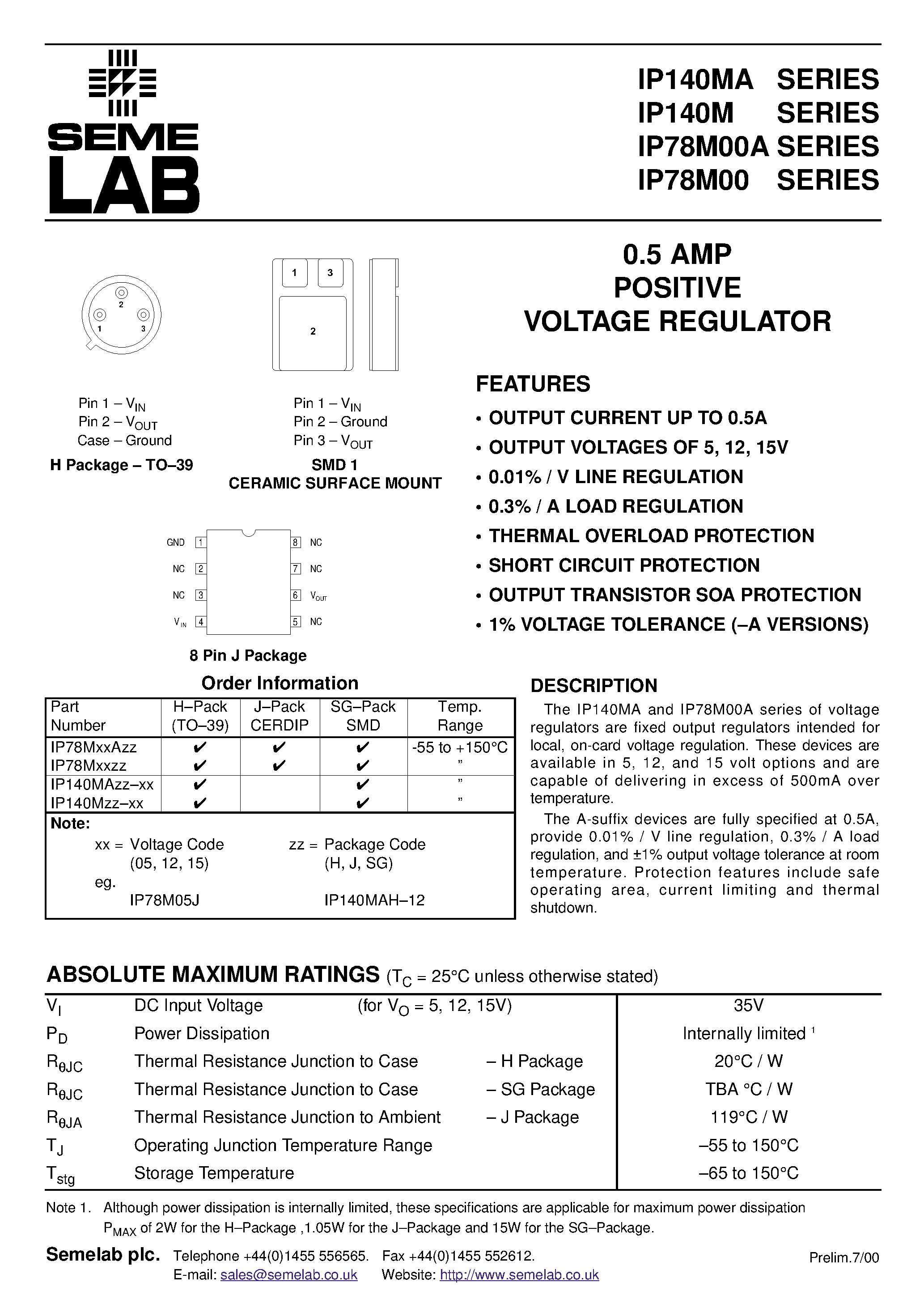 Даташит IP140MA - 0.5 AMP POSITIVE VOLTAGE REGULATOR страница 1