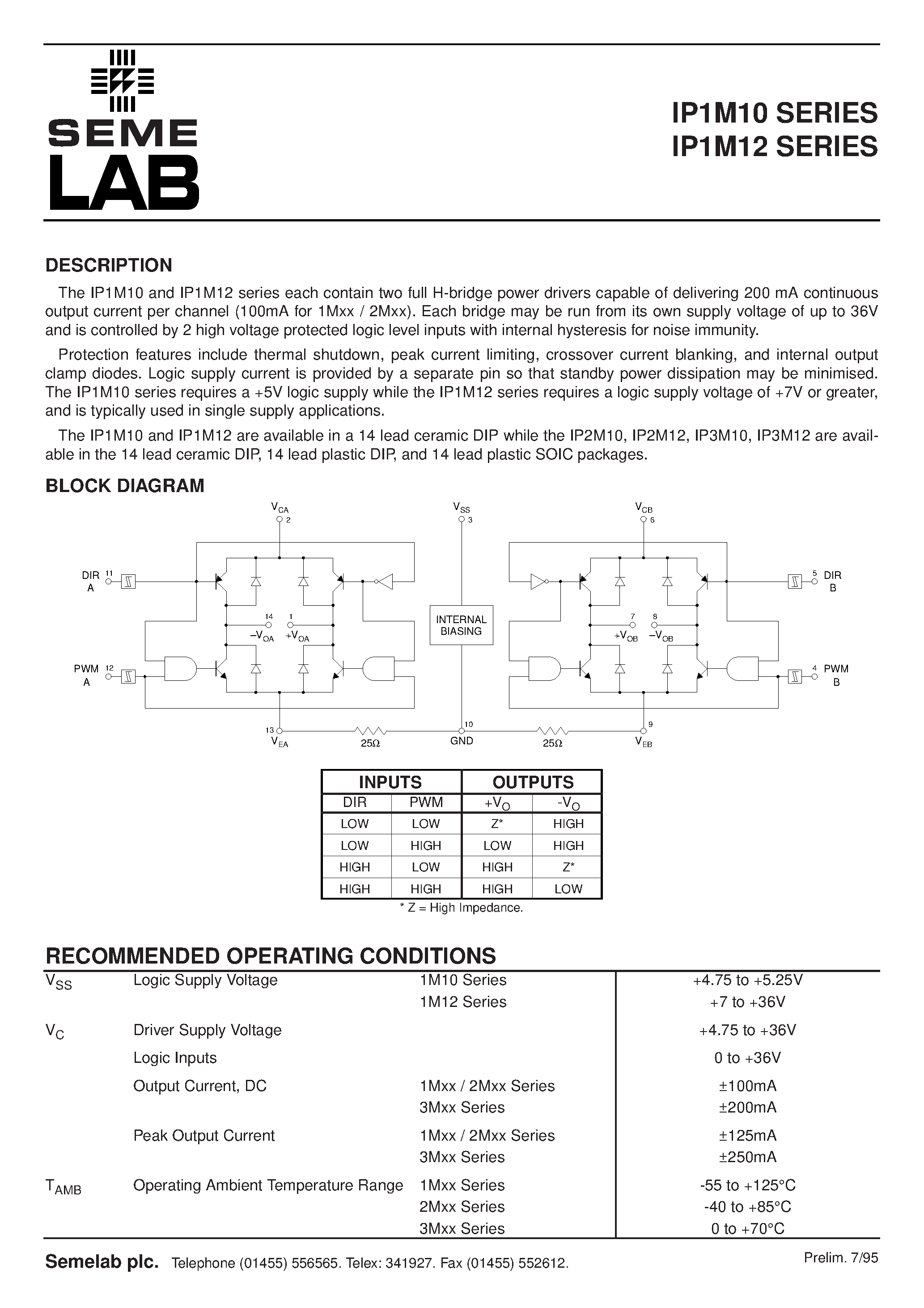 Datasheet IP1M10 page 2 Datasheet IP1M10 - 200mA DUAL H-BRIDGE page 2