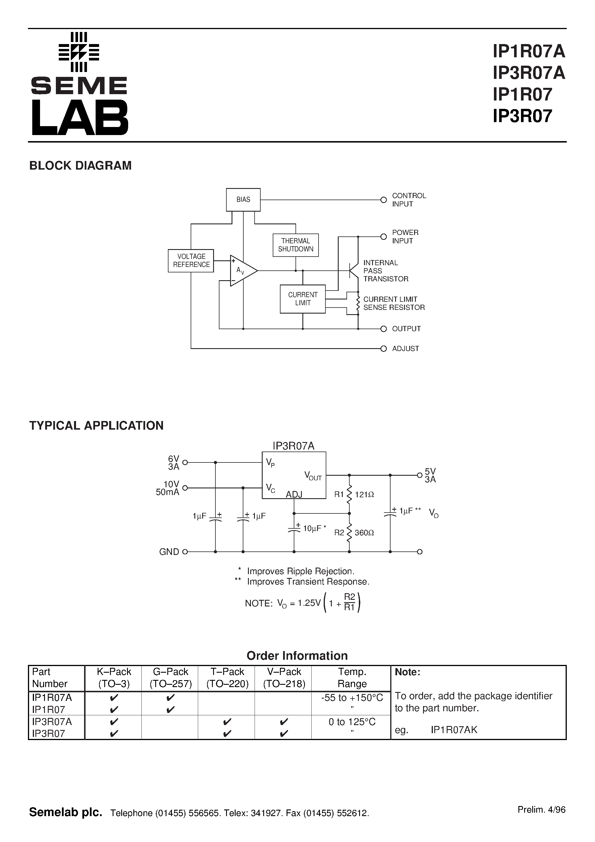 Datasheet IP1R07A - 3 AMP LOW DROPOUT POSITIVE ADJUSTABLE VOLTAGE REGULATOR page 2