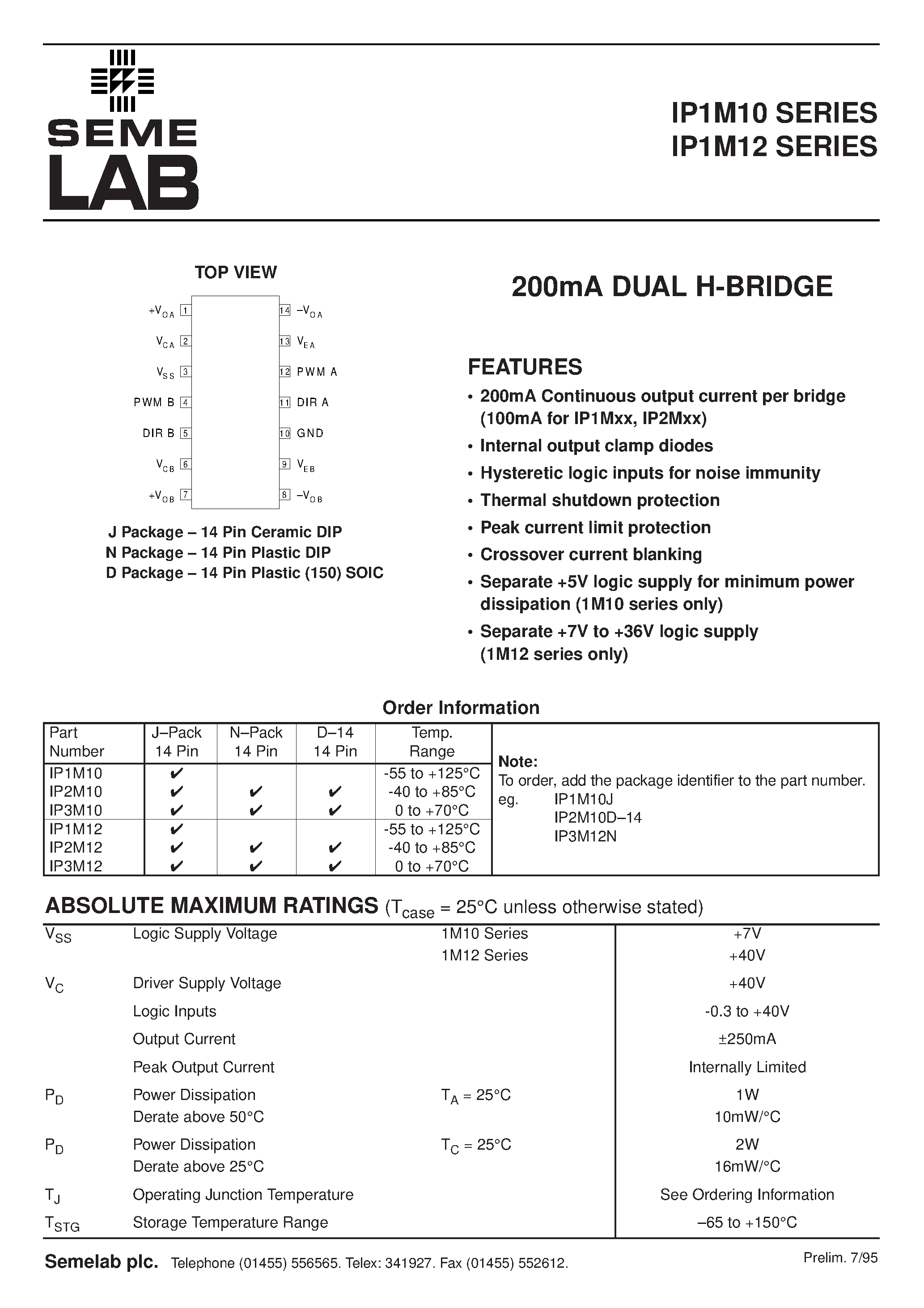 Datasheet IP2M10 page 1 Datasheet IP2M10 - 200mA DUAL H-BRIDGE page 1