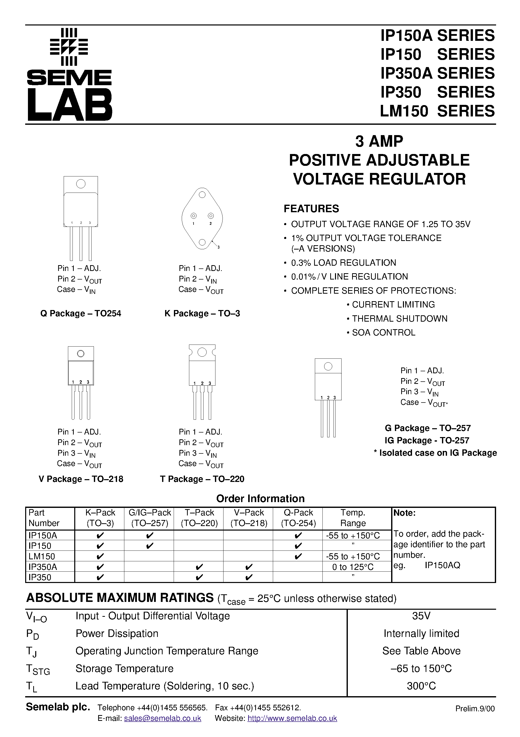 Datasheet IP350A - 3 AMP POSITIVE ADJUSTABLE VOLTAGE REGULATOR page 1