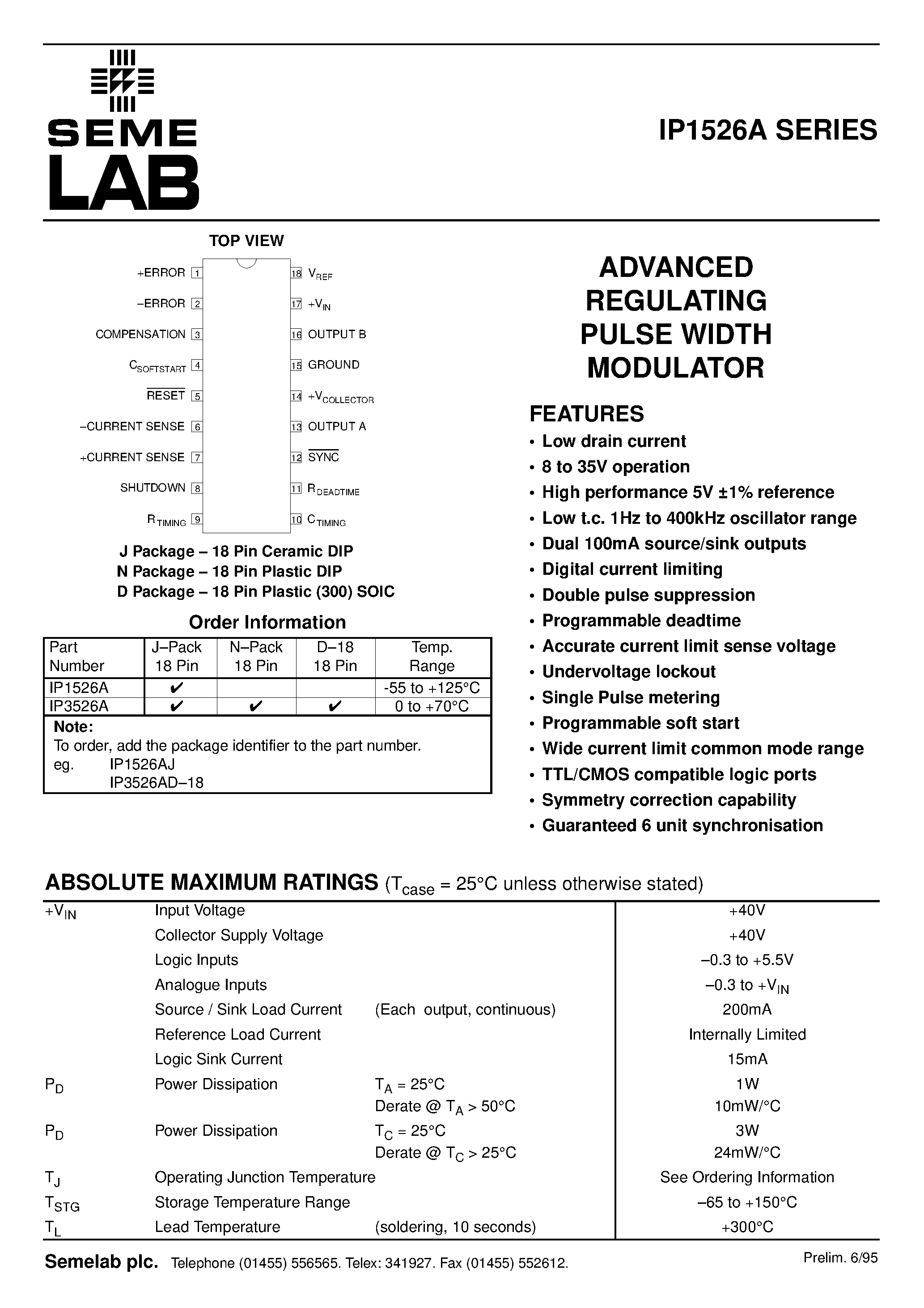Datasheet IP3526A - ADVANCED REGULATING PULSE WIDTH MODULATOR page 1