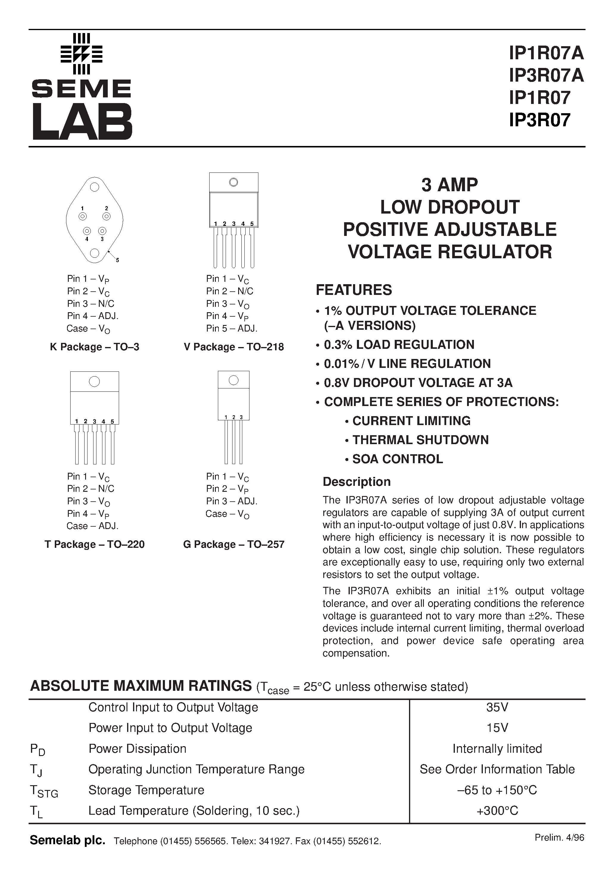 Datasheet IP3R07A - 3 AMP LOW DROPOUT POSITIVE ADJUSTABLE VOLTAGE REGULATOR page 1