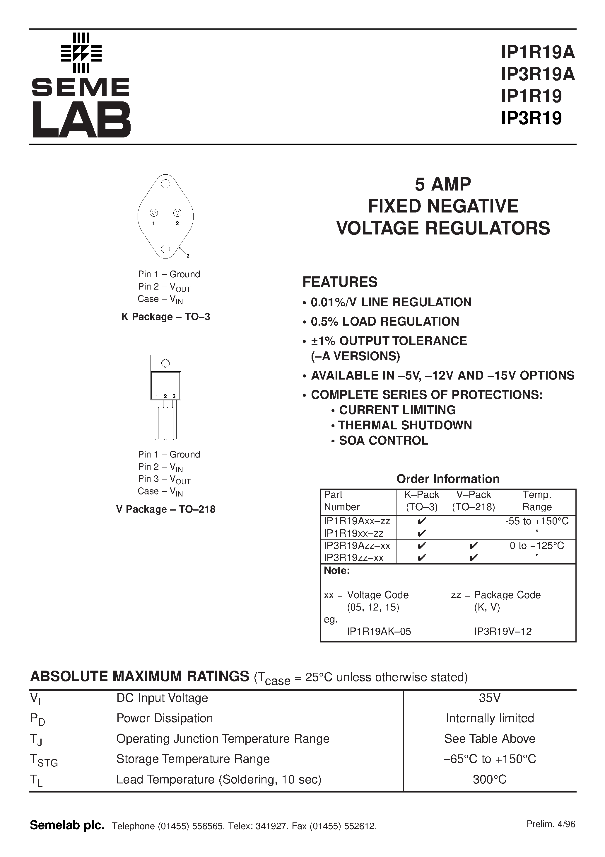 Datasheet IP3R19AV-15 page 1 Datasheet IP3R19AV-15 - 5 AMP FIXED NEGATIVE VOLTAGE REGULATORS page 1