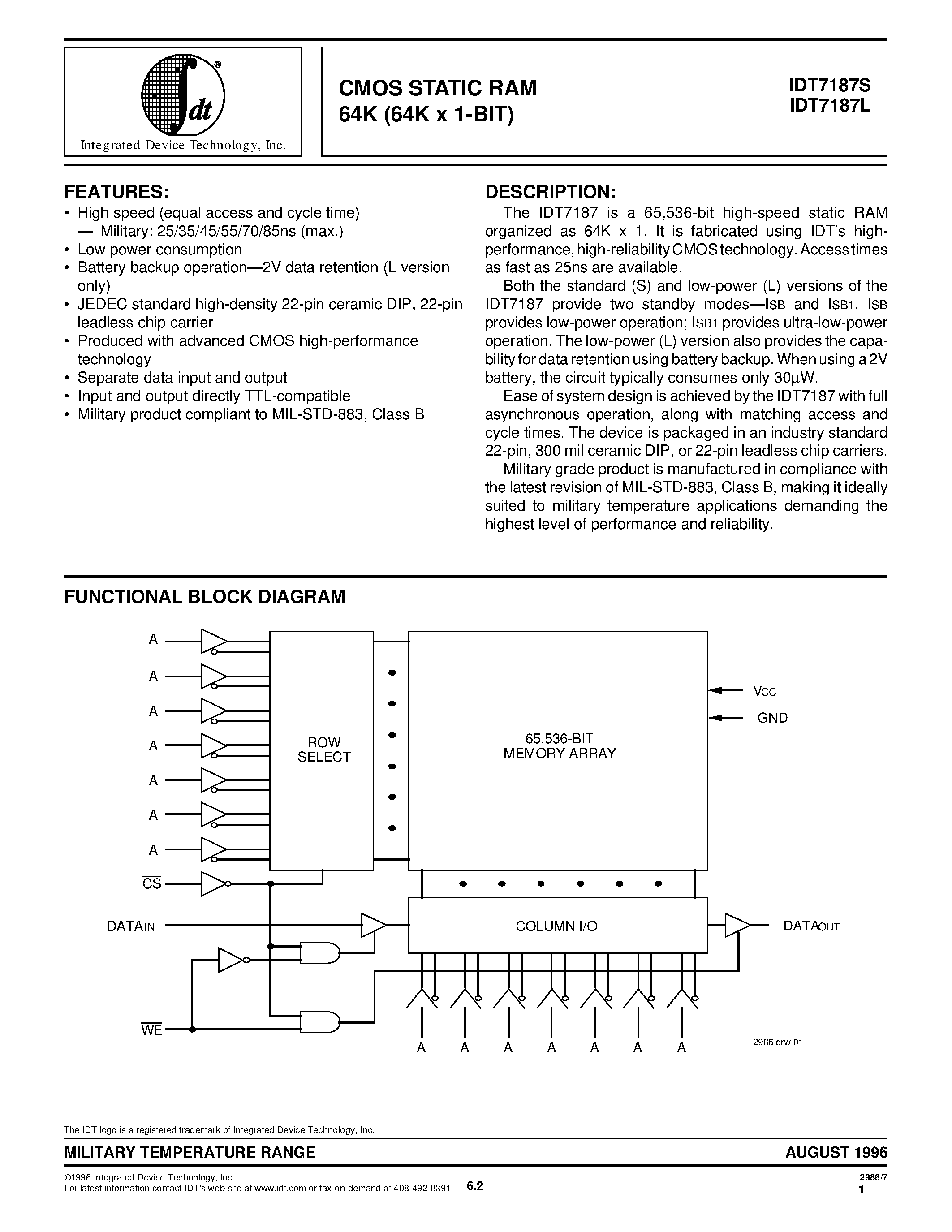 Даташит на микросхему IDT7187S70L22B страница 1 Даташит IDT7187S70L22B - CMOS STATIC RAM 64K (64K x 1-BIT) страница 1