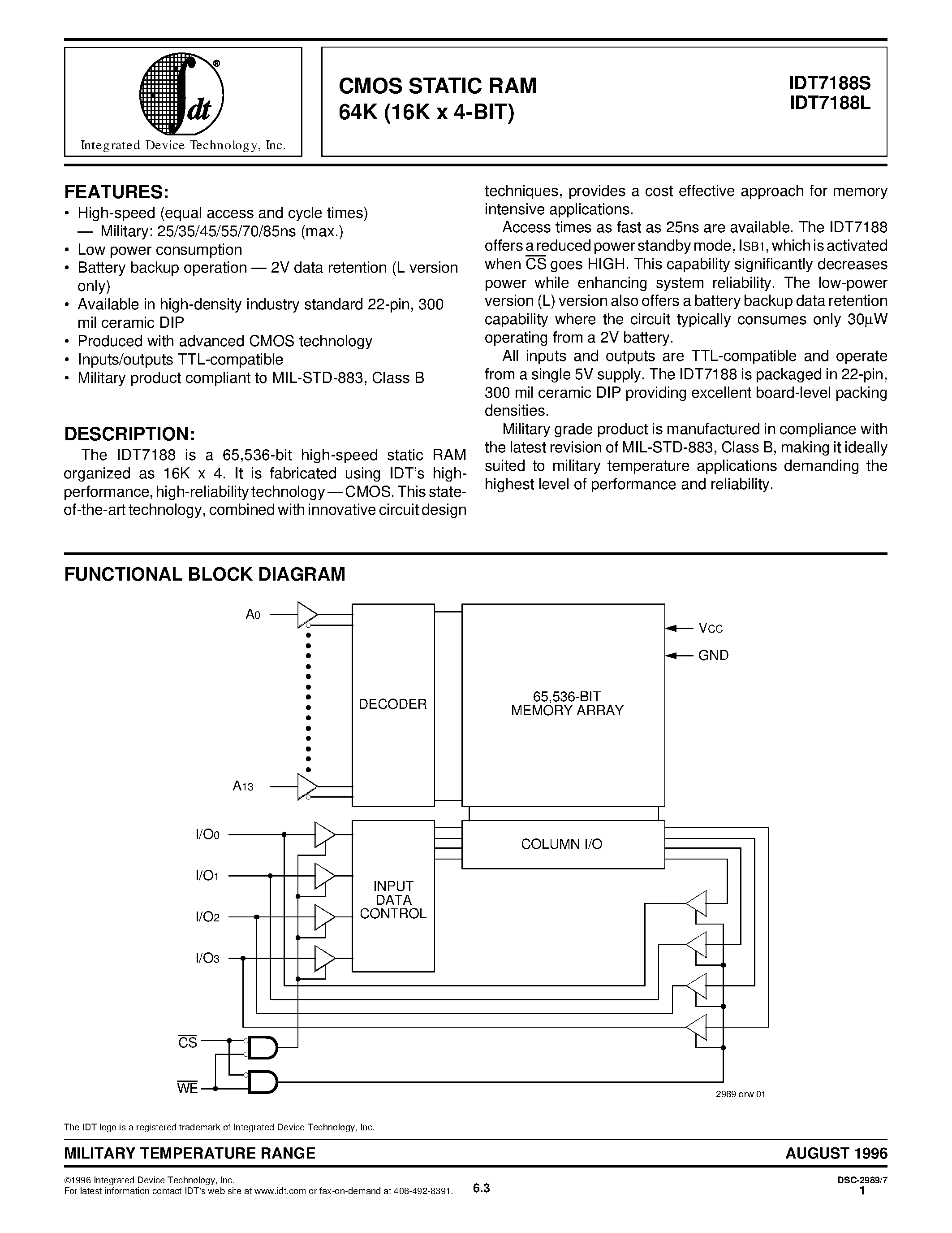 Даташит на микросхему IDT7188L85DB страница 1 Даташит IDT7188L85DB - CMOS STATIC RAM 64K 16K x 4-BIT страница 1