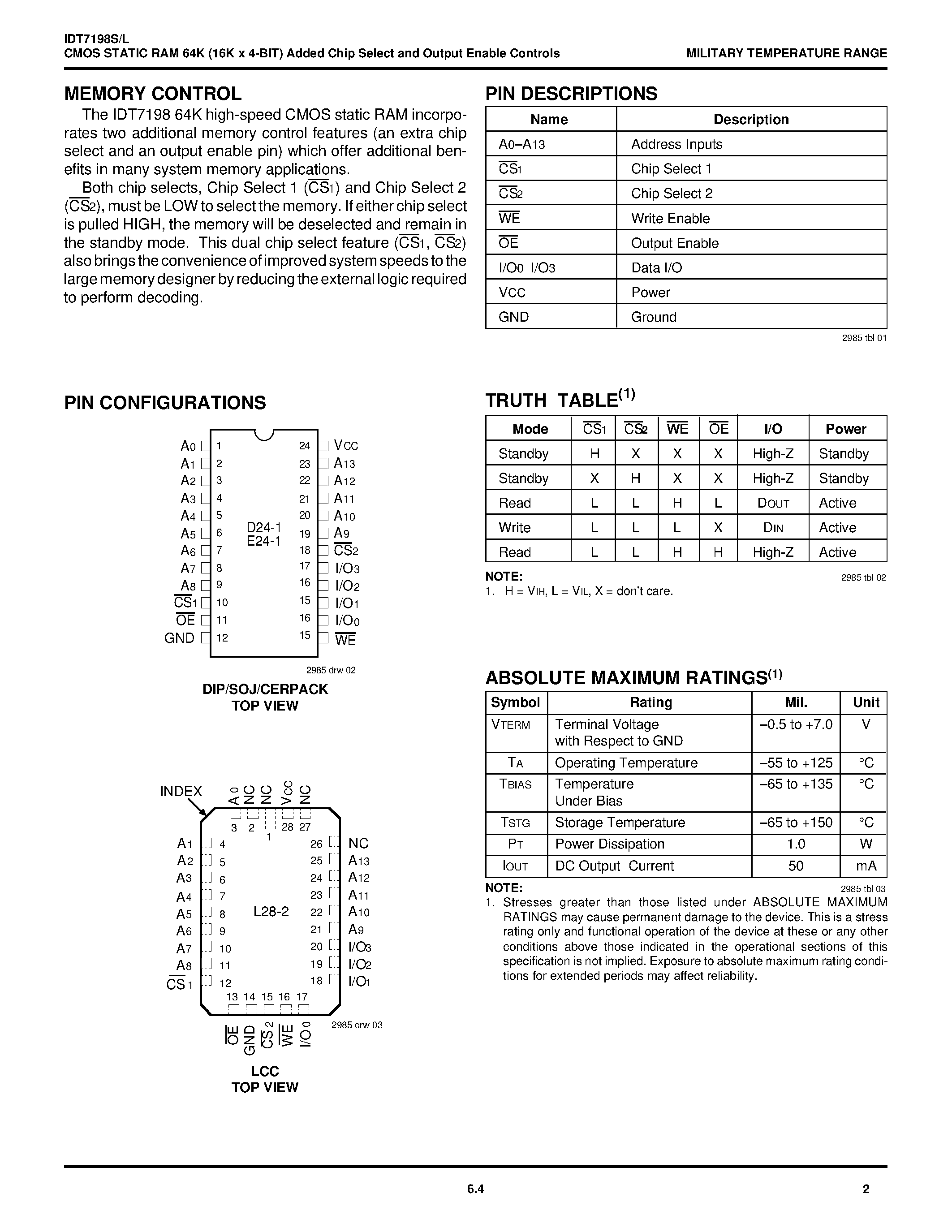 Даташит IDT7198S25EB - CMOS STATIC RAMs 64K (16K x 4-BIT) Added Chip Select and Output Controls страница 2
