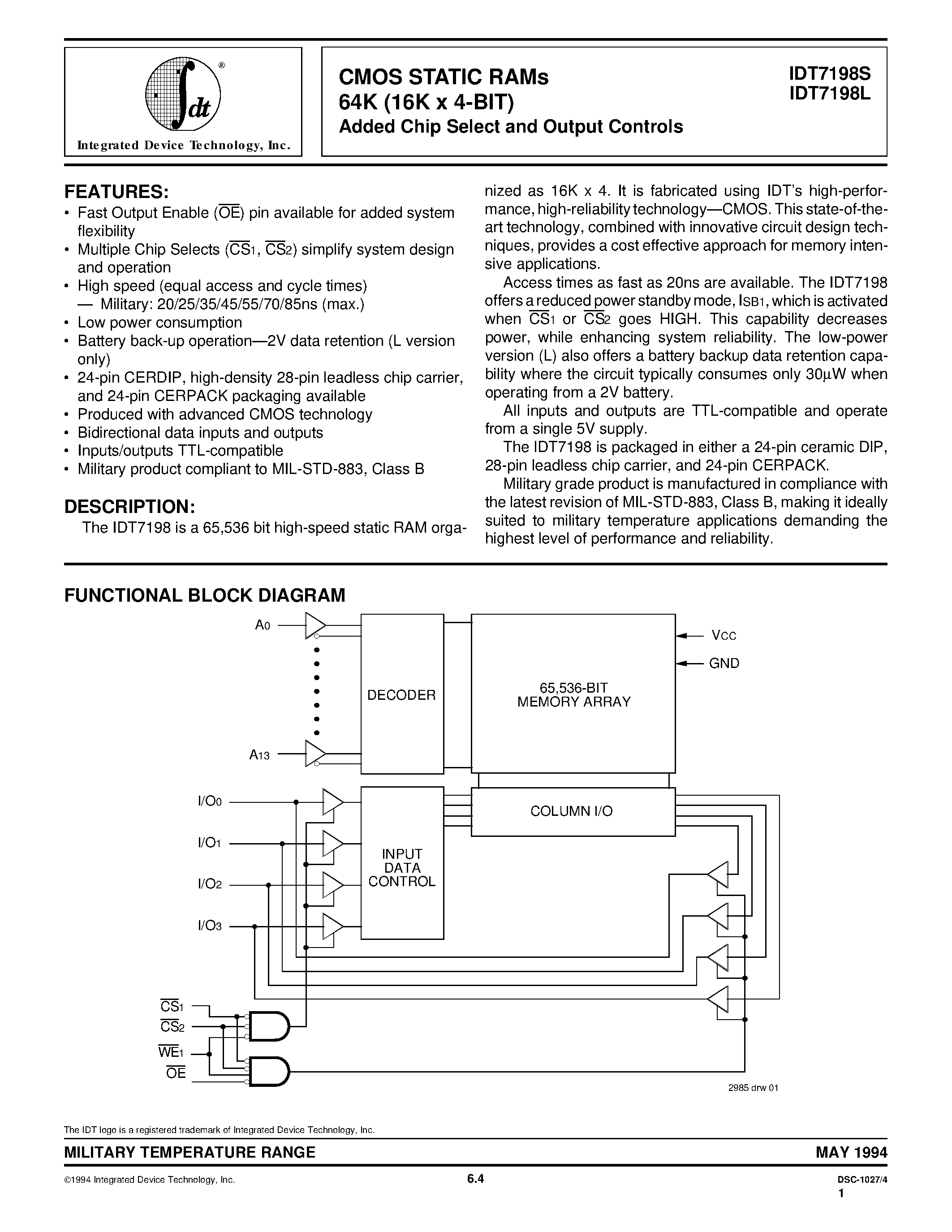 Даташит IDT7198S55EB - CMOS STATIC RAMs 64K (16K x 4-BIT) Added Chip Select and Output Controls страница 1