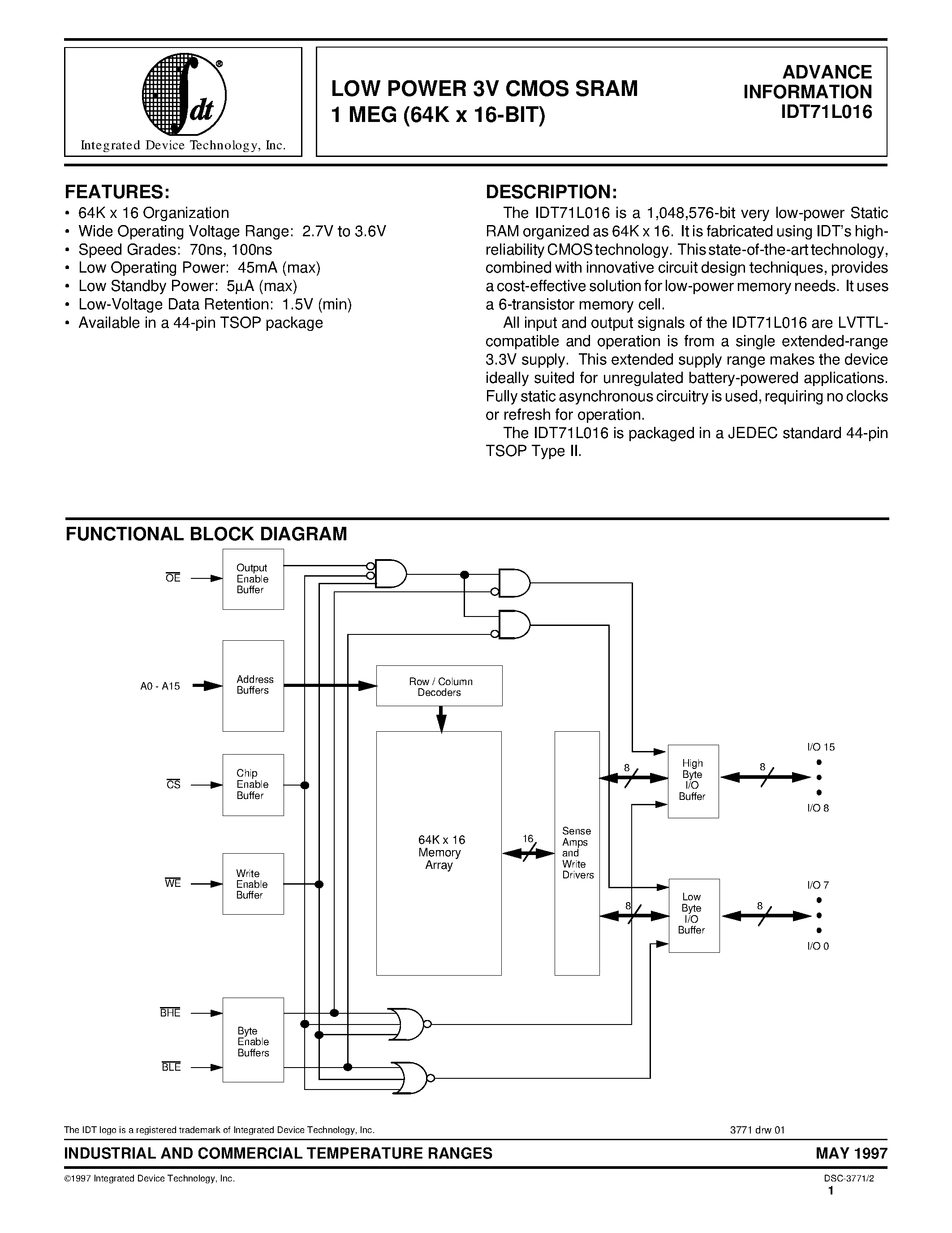 Даташит IDT71L016L70PH - LOW POWER 3V CMOS SRAM 1 MEG (64K x 16-BIT) страница 1