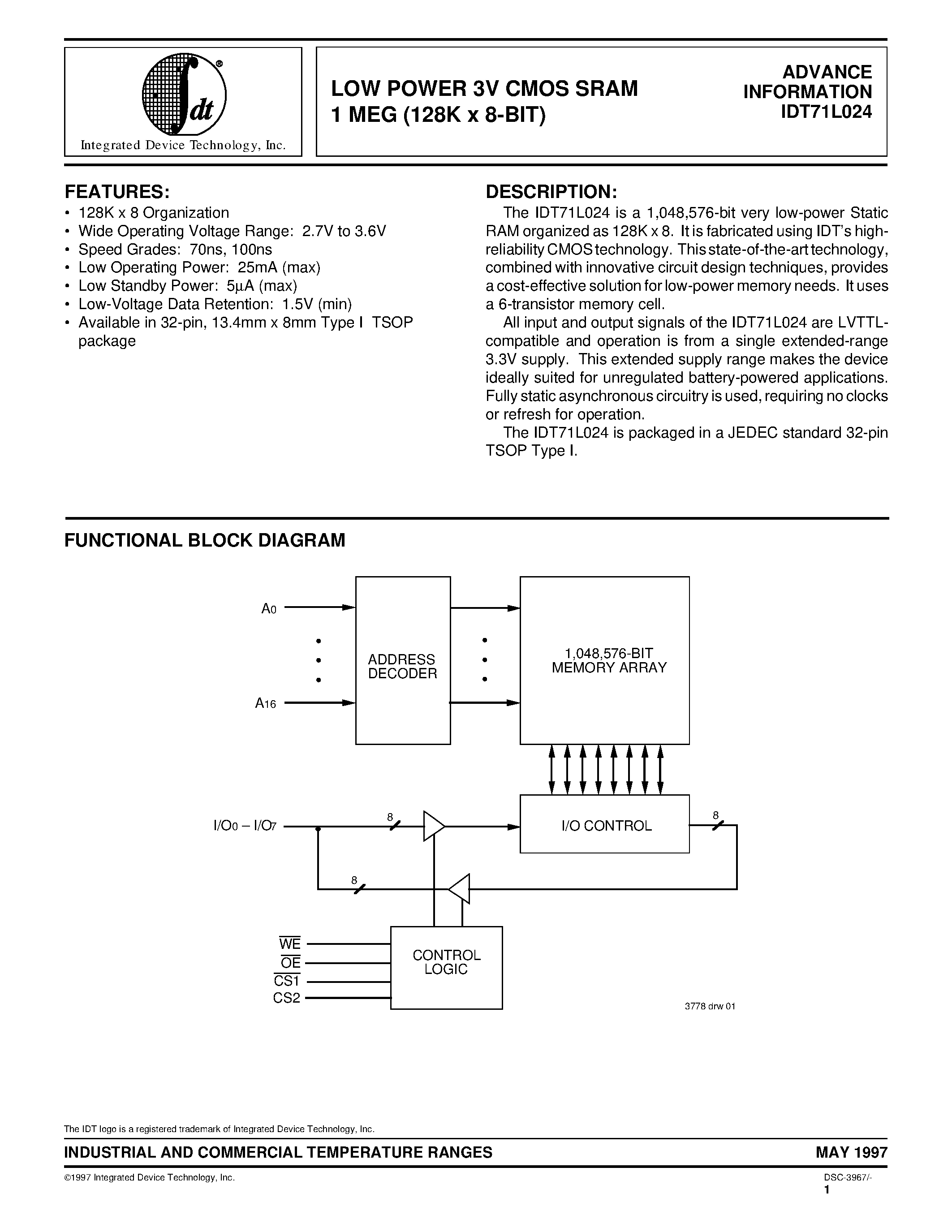 Даташит на микросхему IDT71L024L100PZ страница 1 Даташит IDT71L024L100PZ - low power 3v cmos sram 1 meg (128k X 8-bit) страница 1