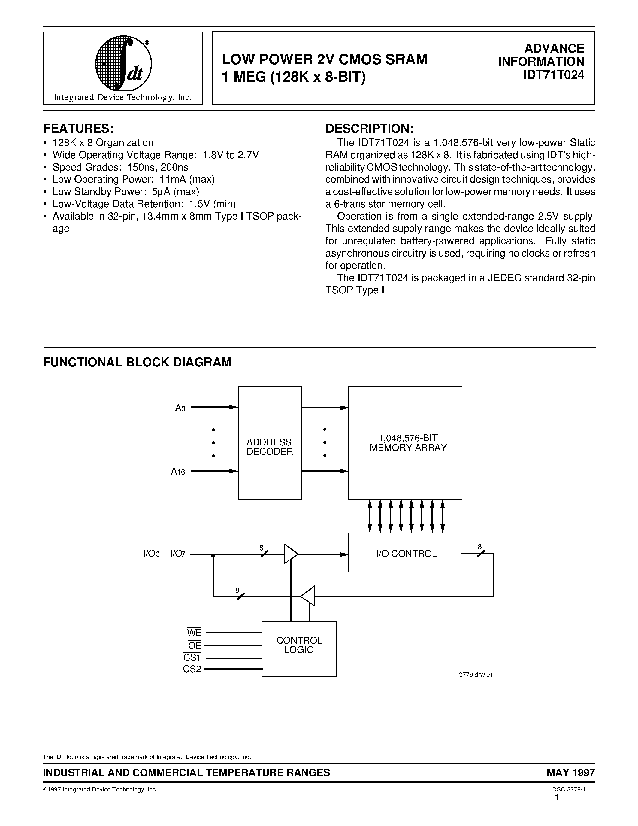 Даташит IDT71T024L150PZ - LOW POWER 2V CMOS SRAM 1 MEG (128K x 8-BIT) страница 1