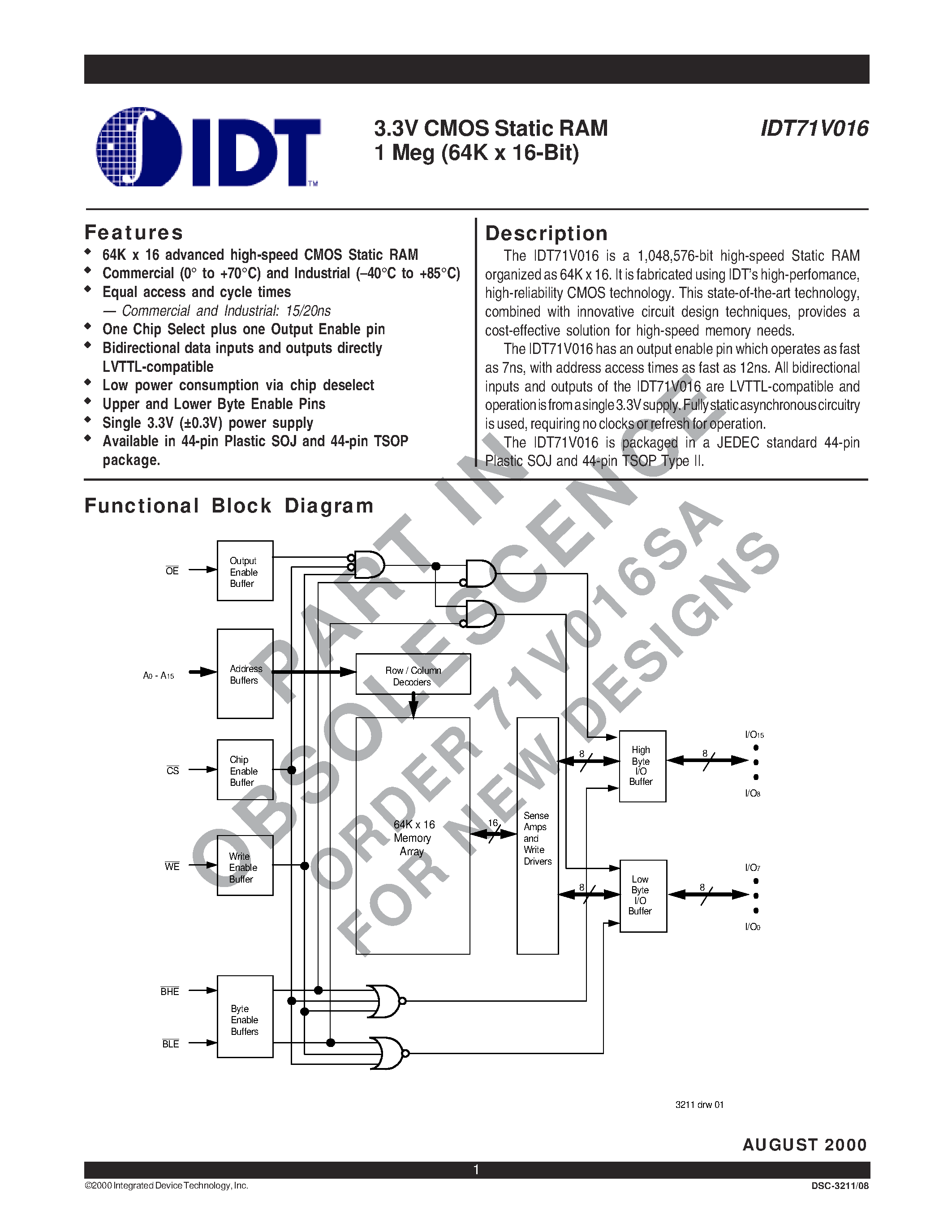 Datasheet IDT71V016S15YI - 3.3V CMOS Static RAM 1 Meg (64K x 16-Bit) page 1