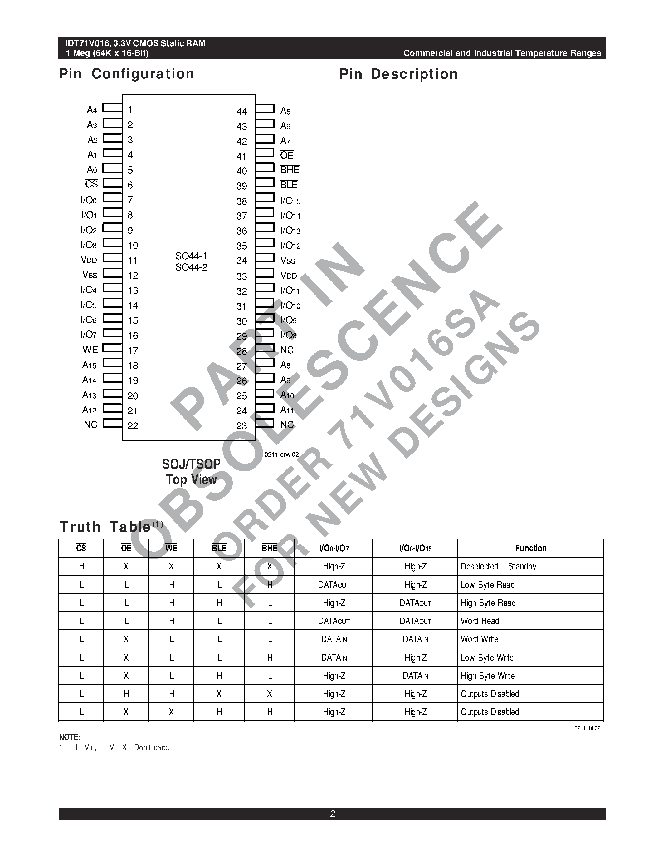 Datasheet IDT71V016S20PH - 3.3V CMOS Static RAM 1 Meg (64K x 16-Bit) page 2