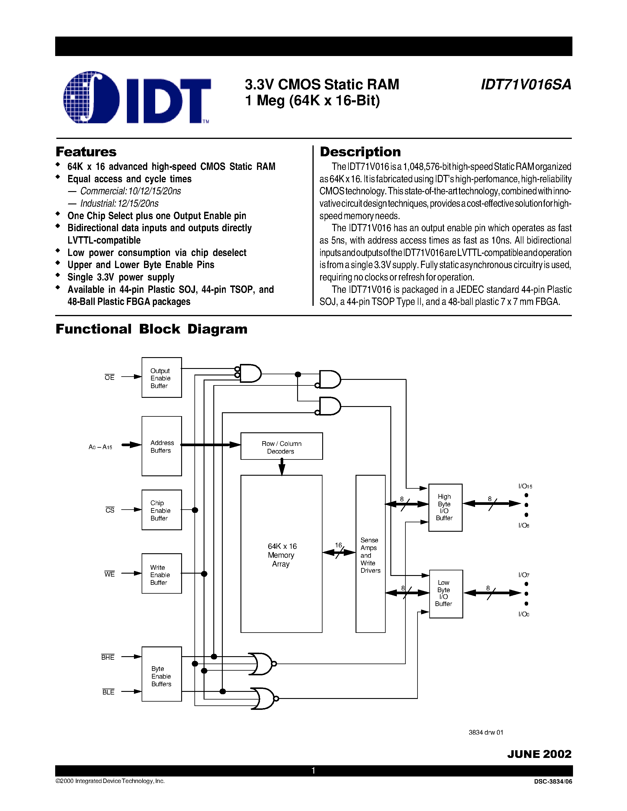 Datasheet IDT71V016SA20Y8 - 3.3V CMOS Static RAM 1 Meg (64K x 16-Bit) page 1