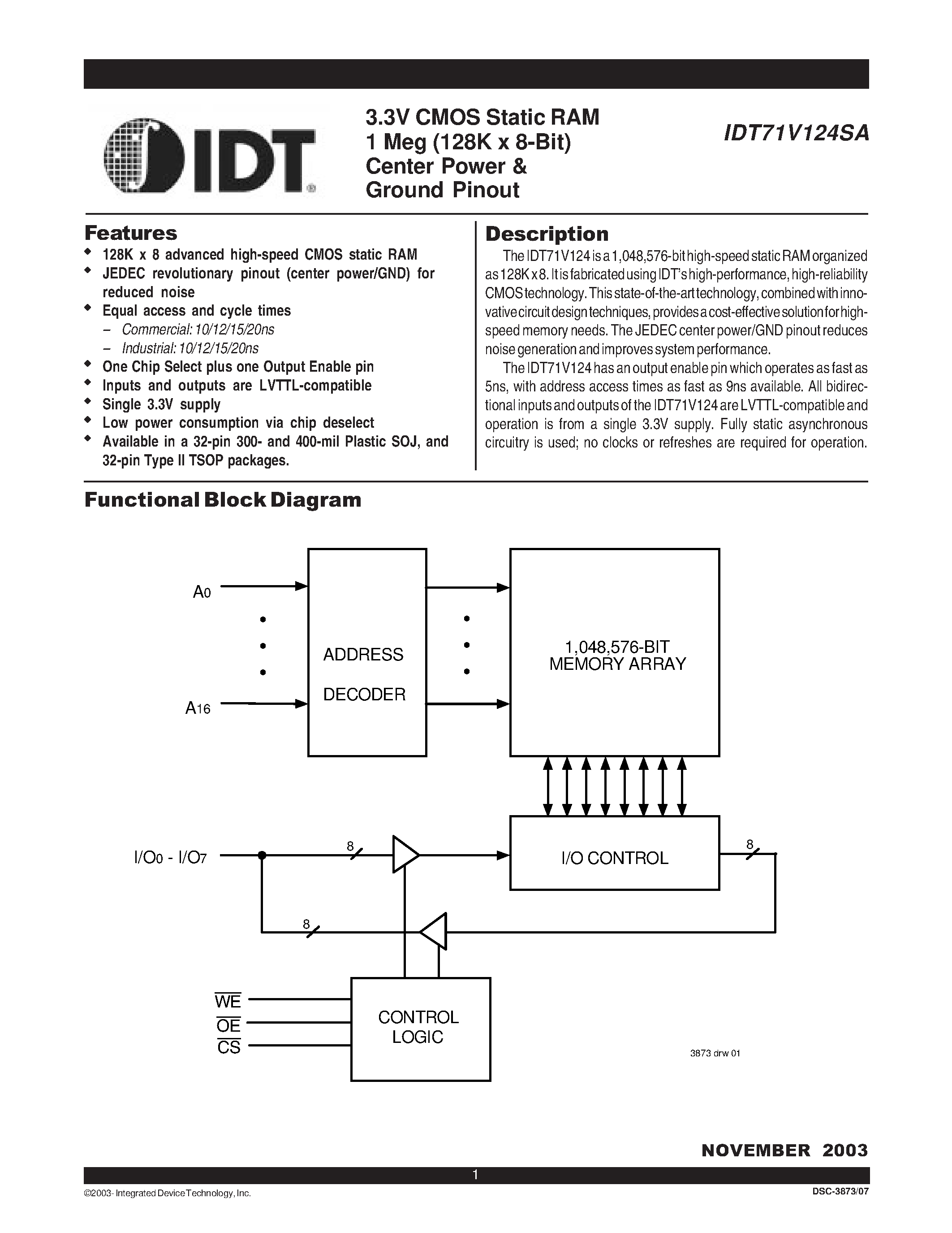 Datasheet IDT71V124SA20TYI - 3.3V CMOS Static RAM 1 Meg (128K x 8-Bit) Center Power & Ground Pinout page 1