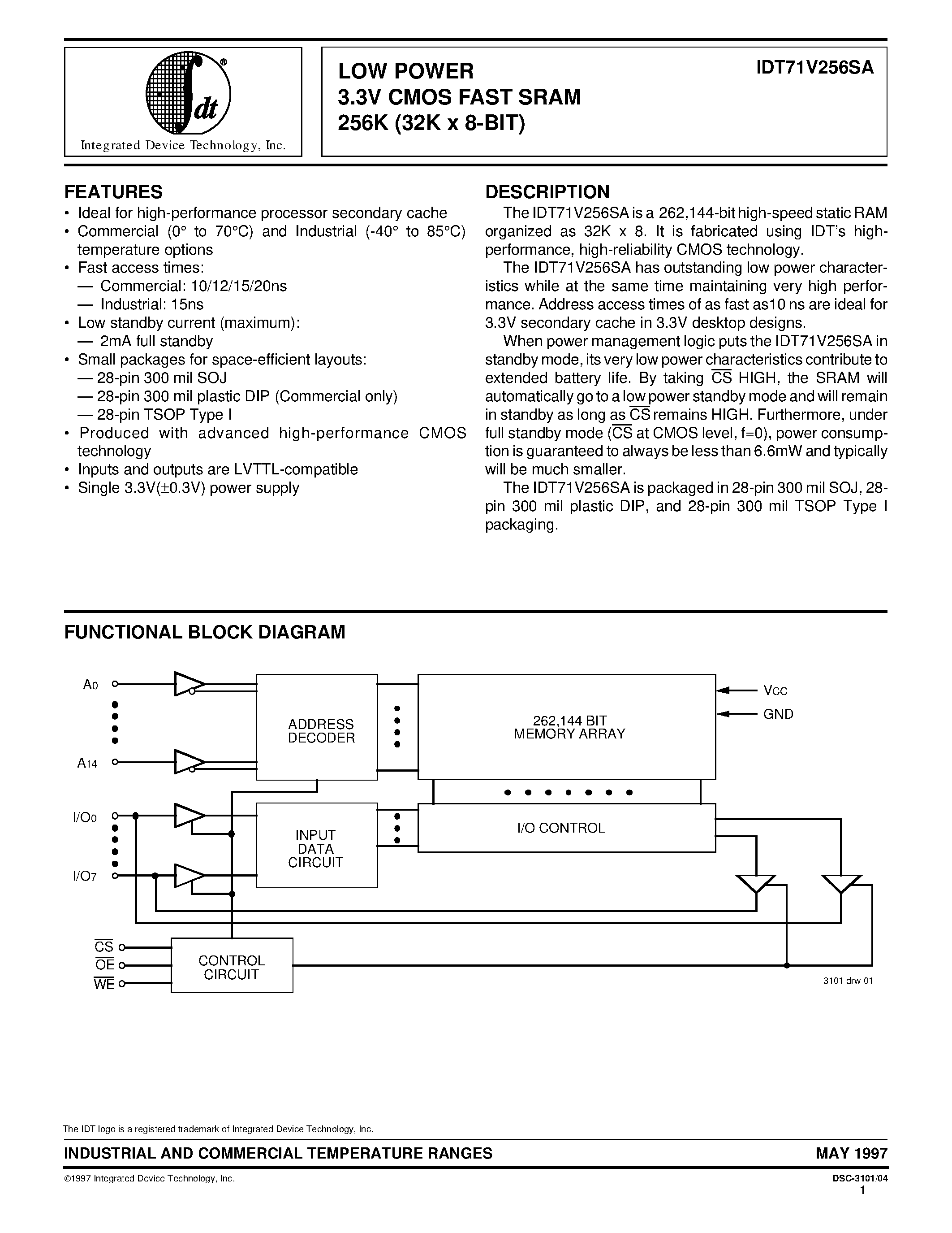 Datasheet IDT71V256SA15TP - LOW POWER 3.3V CMOS FAST SRAM 256K (32K x 8-BIT) page 1