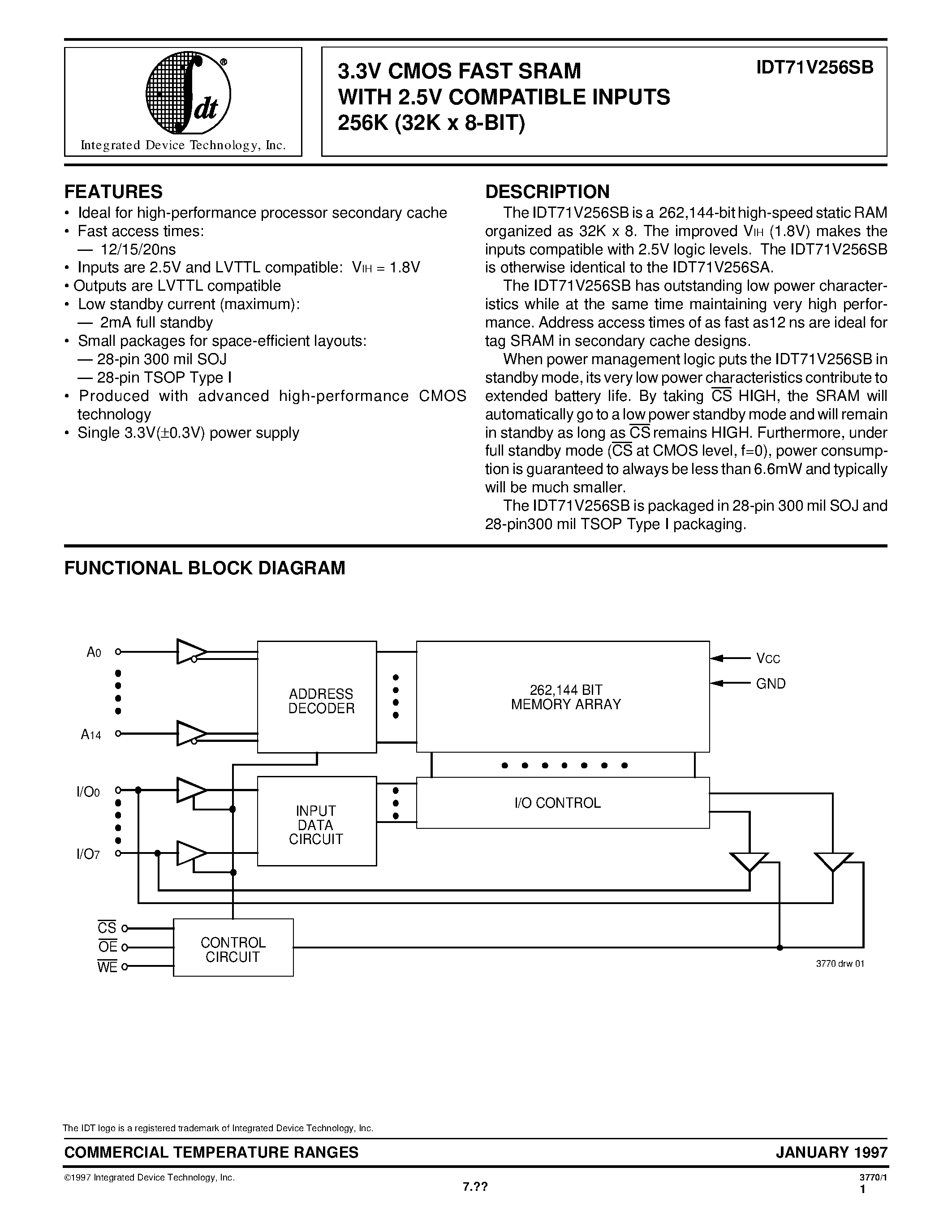 Datasheet IDT71V256SB12Y - 3.3V CMOS FAST SRAM WITH 2.5V COMPATIBLE INPUTS 256K (32K x 8-BIT) page 1