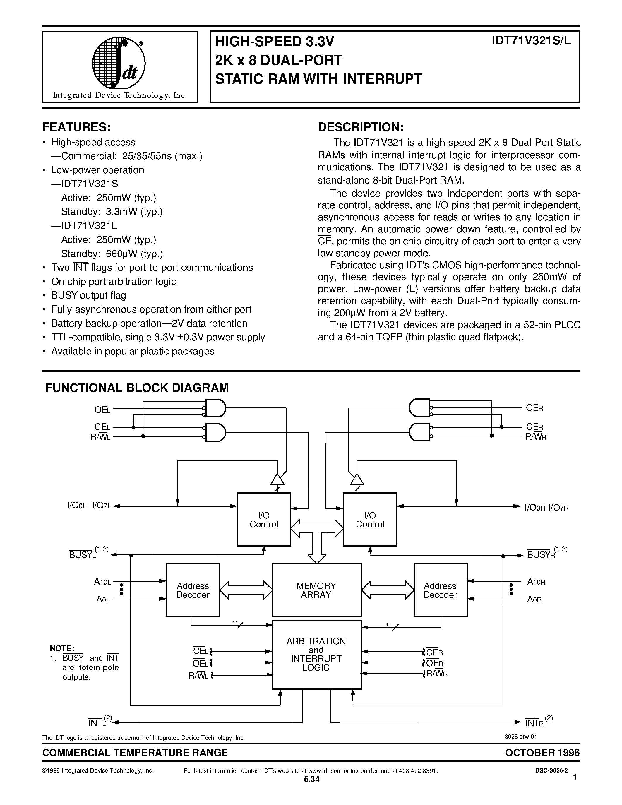 Datasheet IDT71V321S35J - HIGH-SPEED 3.3V 2K x 8 DUAL-PORT STATIC RAM WITH INTERRUPT page 1