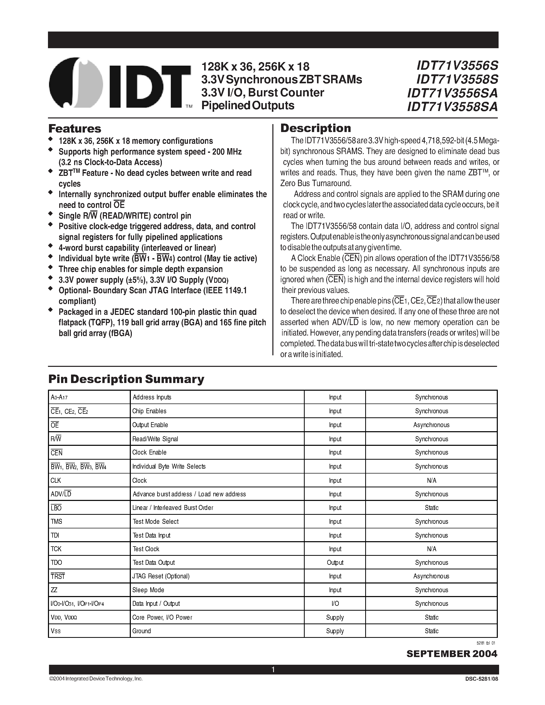 Даташит IDT71V3558S166BQGI - 128K x 36/ 256K x 18 3.3V Synchronous ZBT SRAMs 3.3V I/O/ Burst Counter Pipelined Outputs страница 1