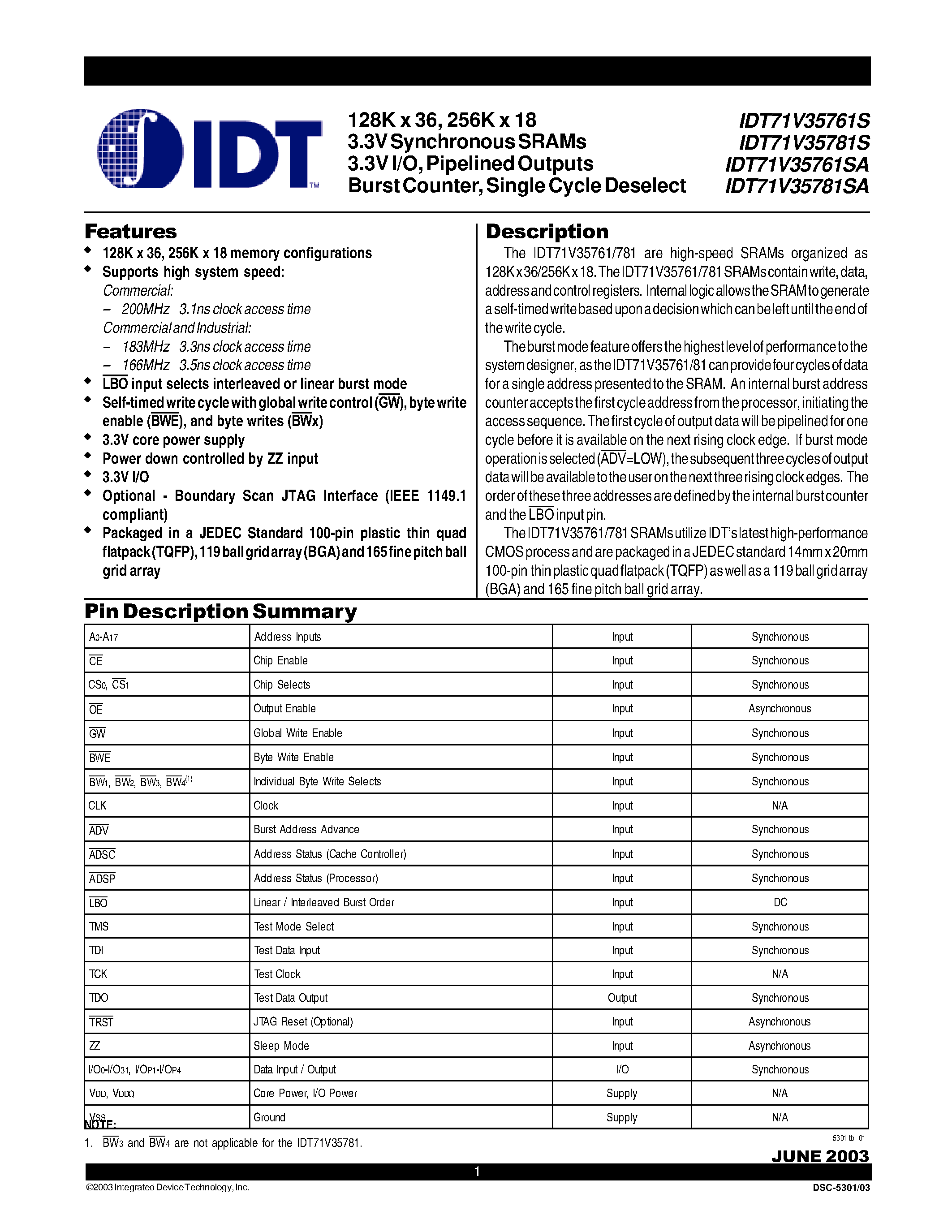 Даташит IDT71V35781YSA183BG - 128K x 36/ 256K x 18 3.3V Synchronous SRAMs 3.3V I/O/ Pipelined Outputs Burst Counter/ Single Cycle Deselect страница 1