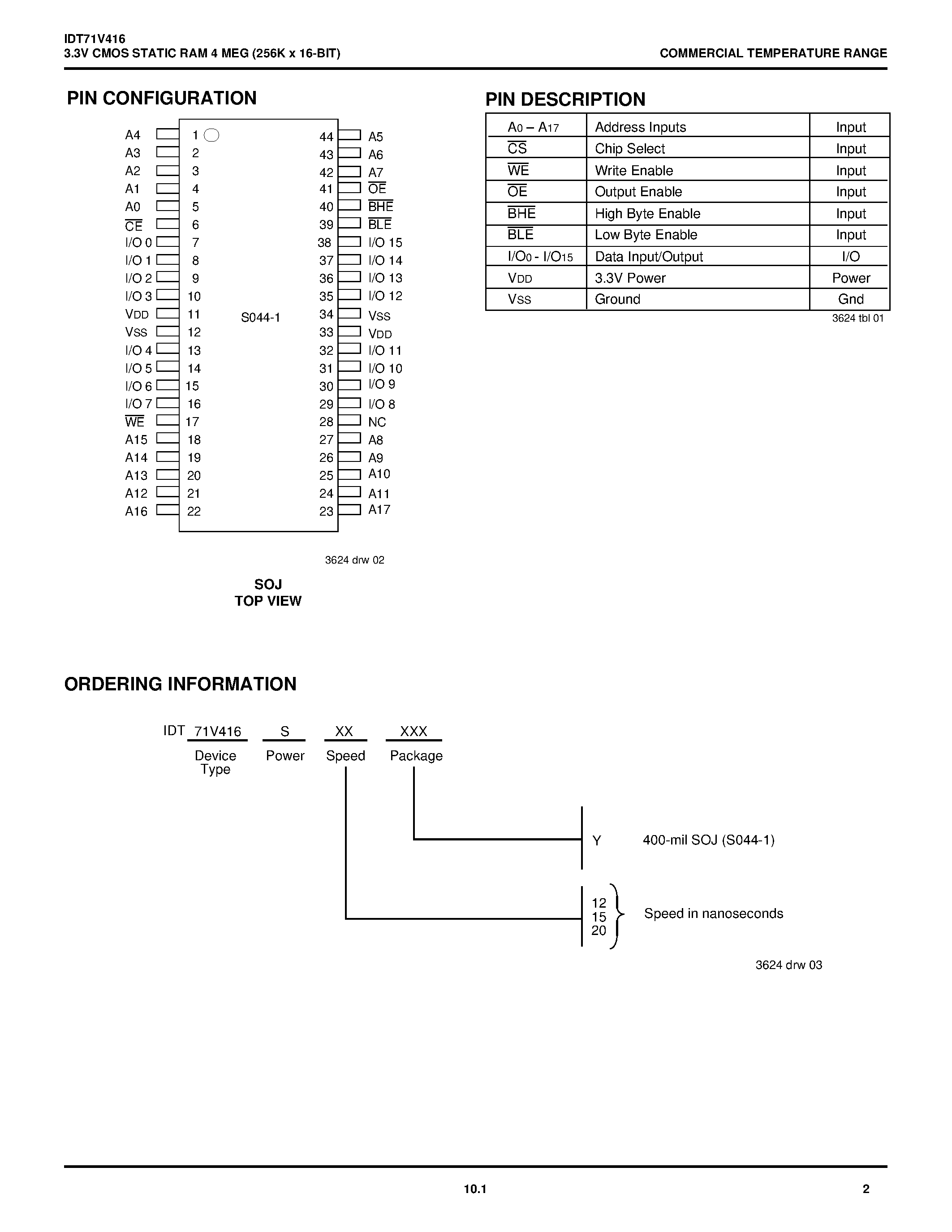 Даташит IDT71V416 - 3.3V CMOS STATIC RAM 4 MEG (256K x 16-BIT) страница 2
