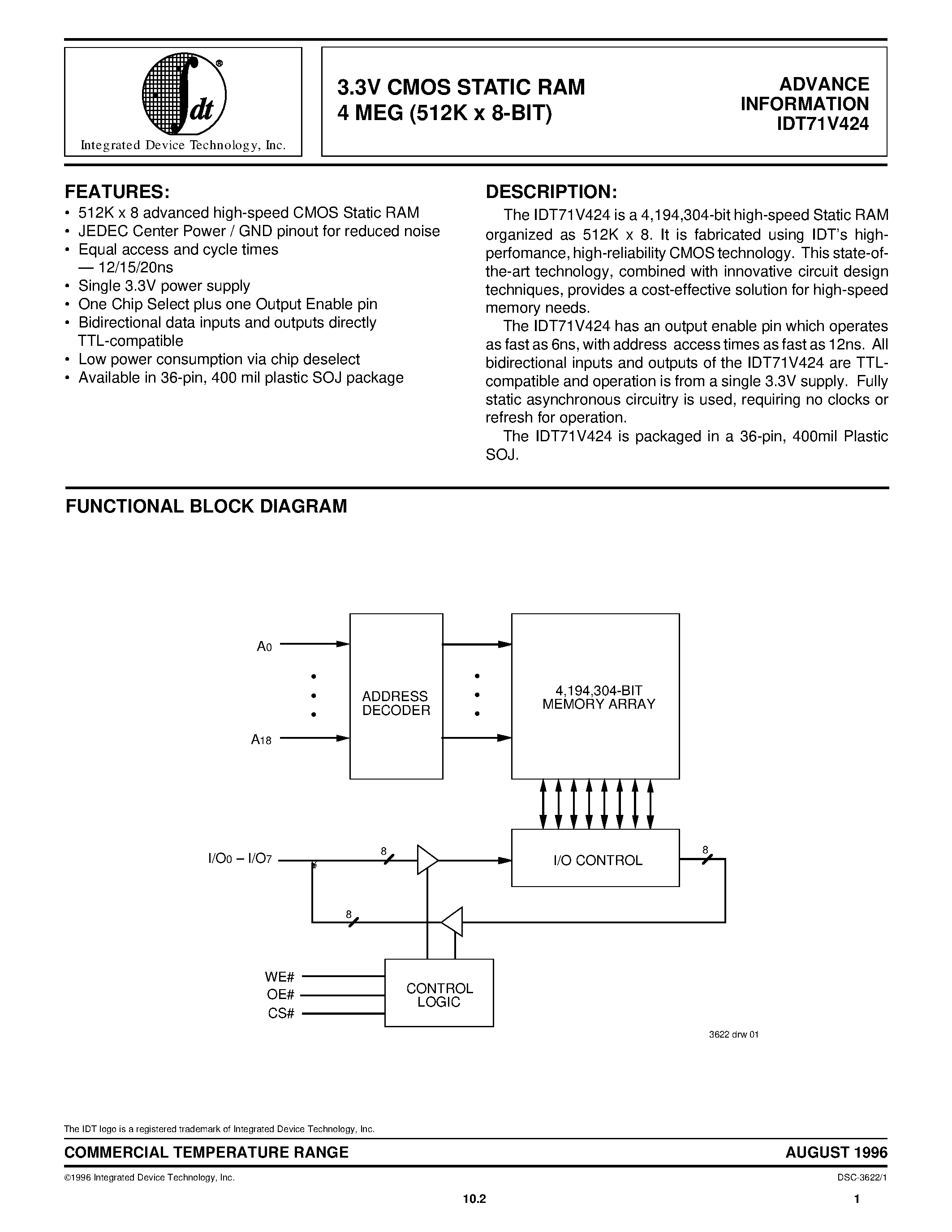 Даташит IDT71V424 - 3.3V CMOS STATIC RAM 4 MEG (512K x 8-BIT) страница 1