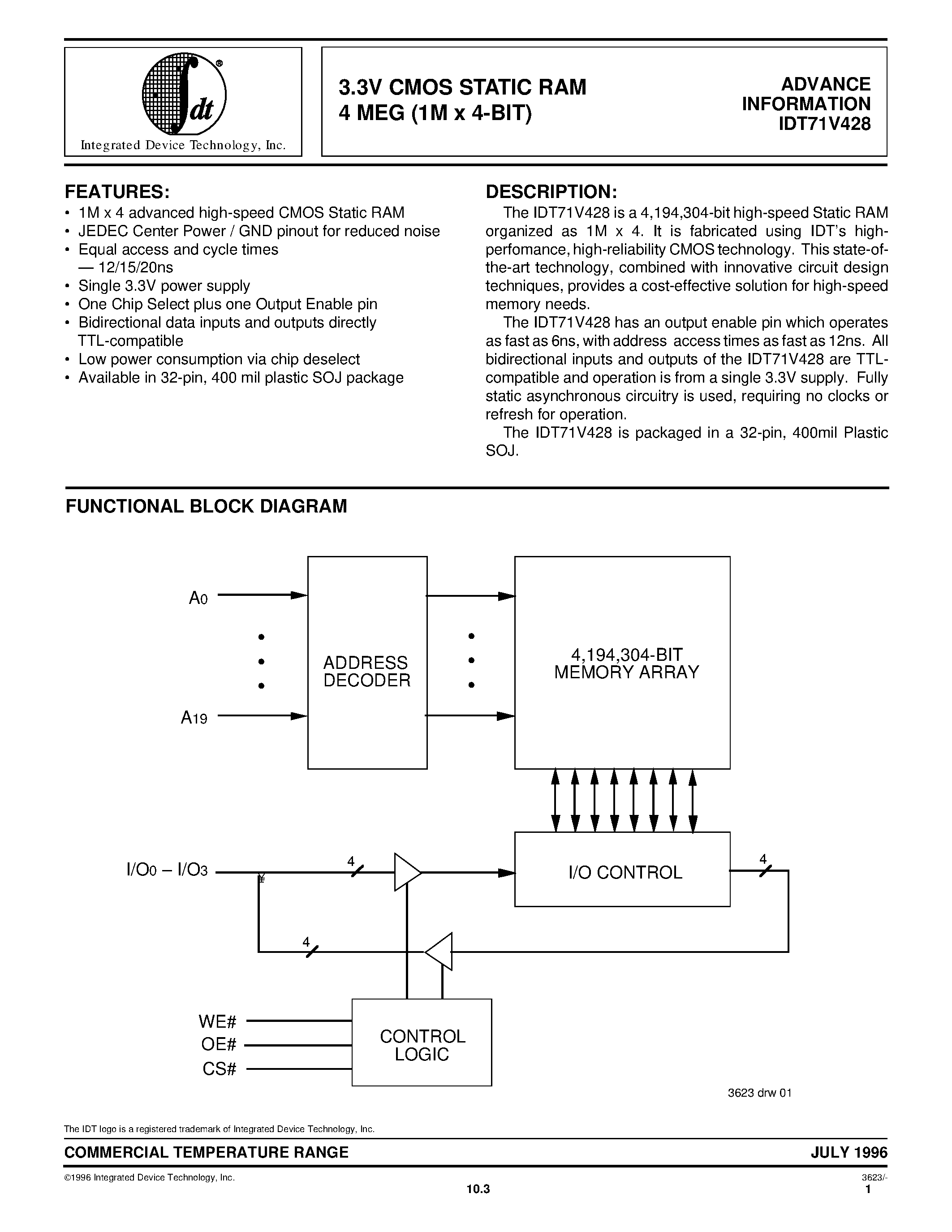 Datasheet IDT71V428 page 1 Datasheet IDT71V428 - 3.3V CMOS STATIC RAM 4 MEG (1M x 4-BIT) page 1
